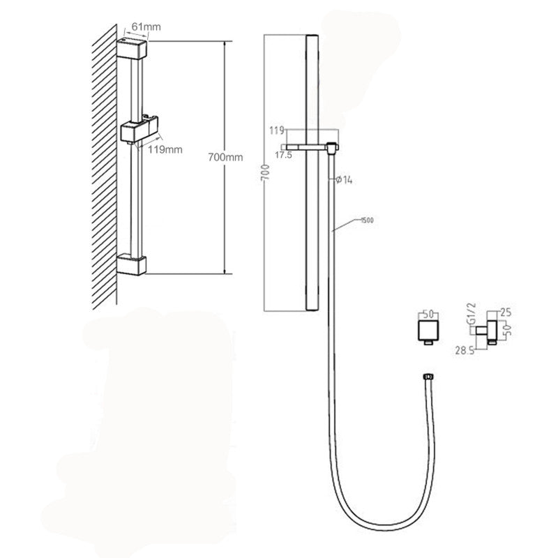 AQUAPERLA SHOWER ON RAIL WITH HAND HELD SHOWER 700MM BRUSHED NICKEL