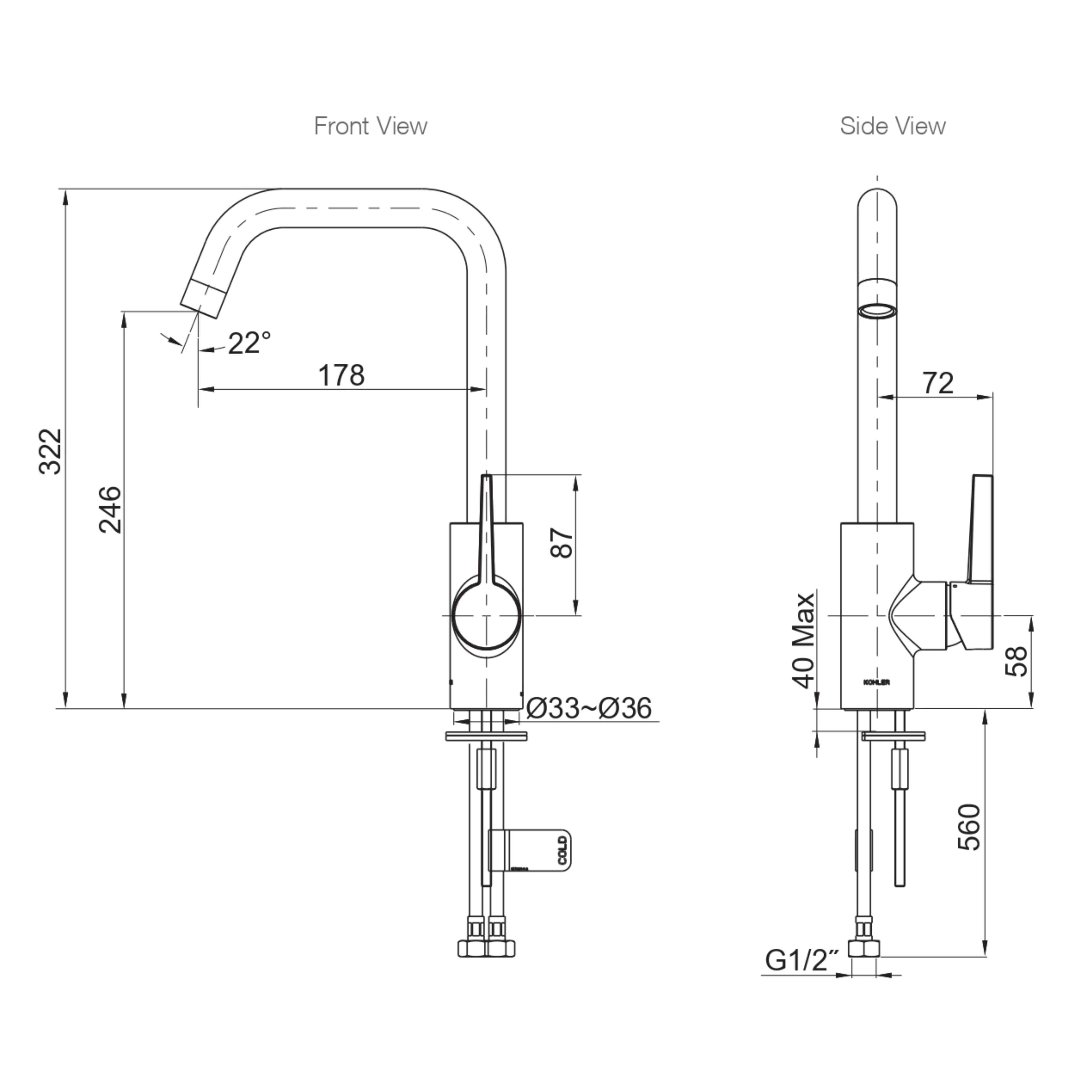 KOHLER TAUT SQUARE KITCHEN MIXER 322MM POLISHED CHROME