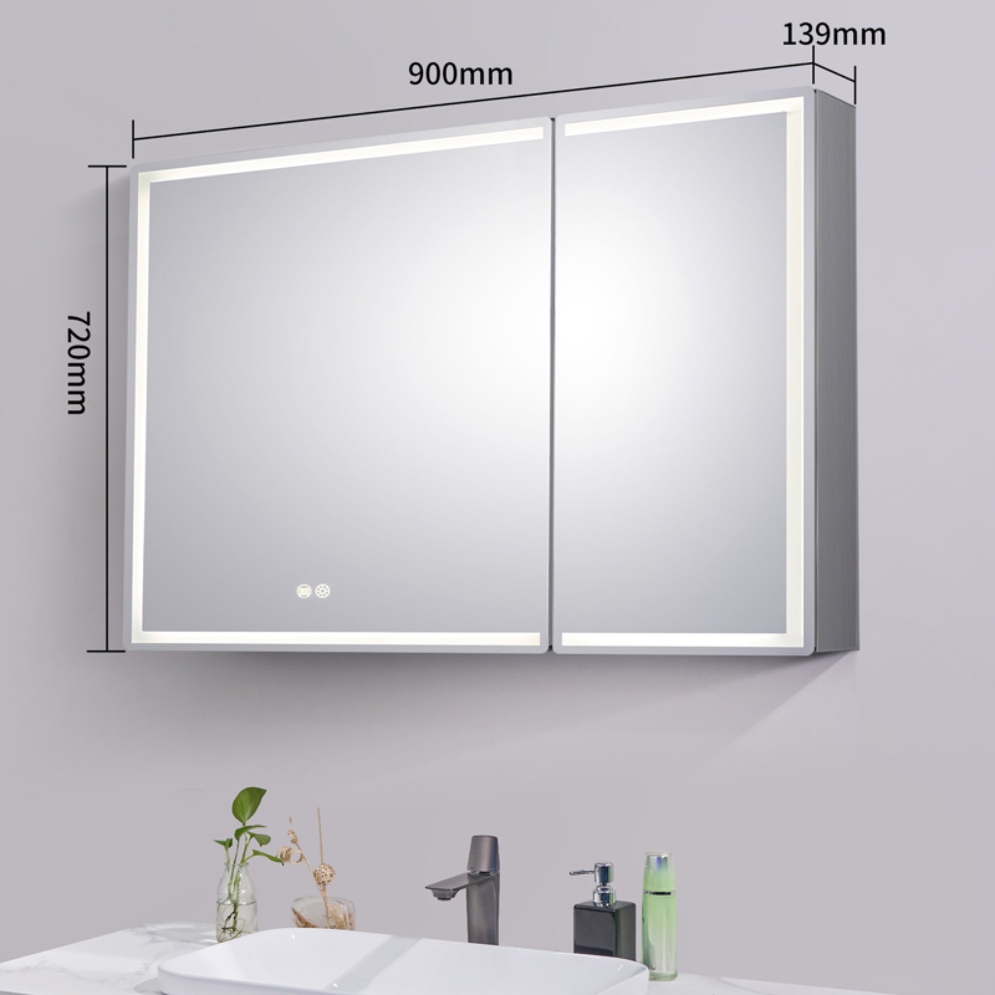 AQUAPERLA SILVER LED SHAVING CABINET DOUBLE-SIDED MIRROR 900MM