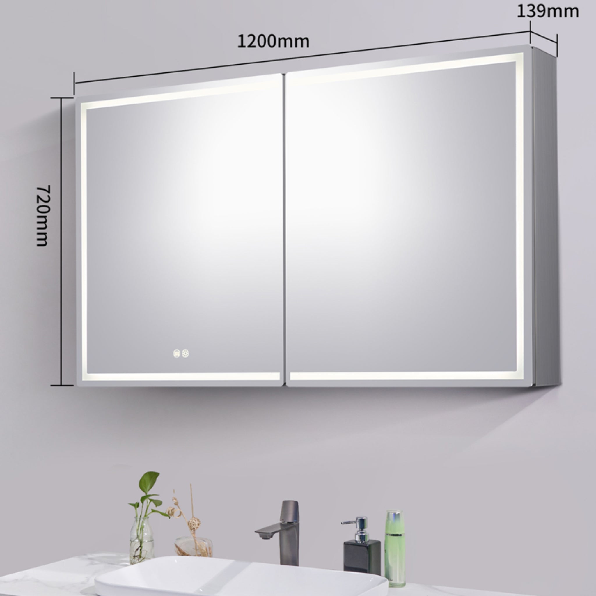 AQUAPERLA SILVER LED SHAVING CABINET DOUBLE-SIDED MIRROR 1200MM