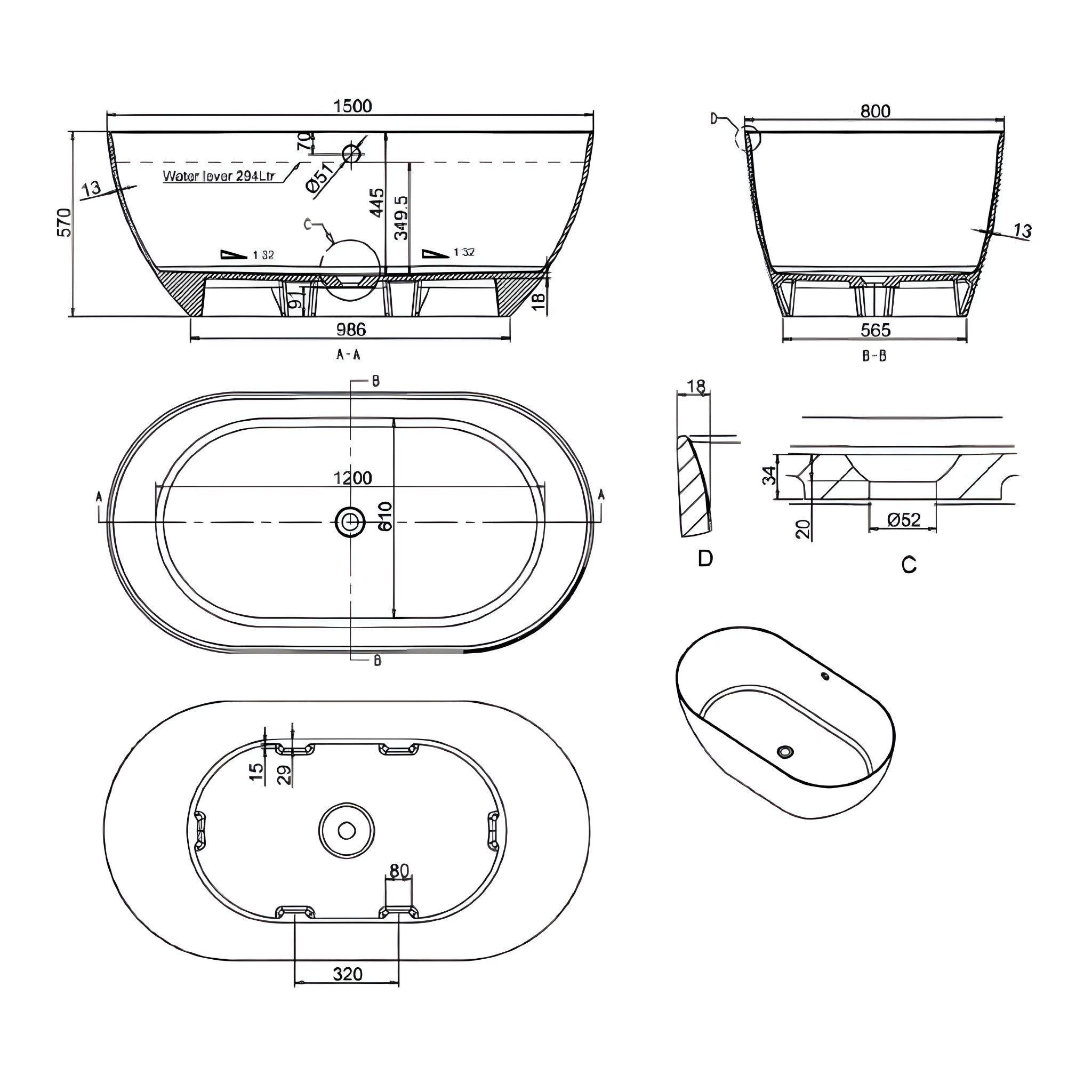 GARETH ASHTON BYRON FREESTANDING BATHTUB MATTE WHITE (AVAILABLE IN 1500MM AND 1690MM)