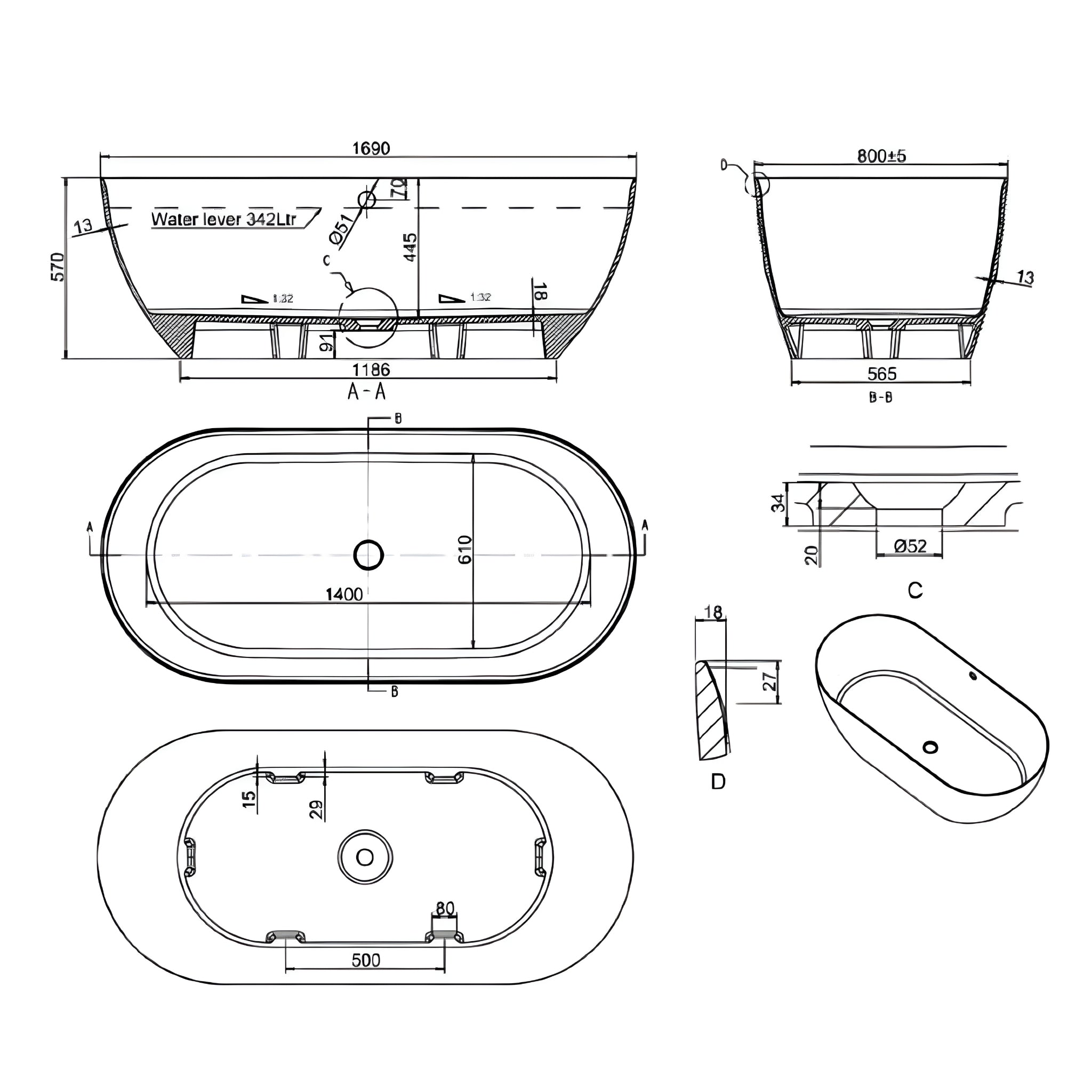 GARETH ASHTON BYRON FREESTANDING BATHTUB MATTE WHITE (AVAILABLE IN 1500MM AND 1690MM)