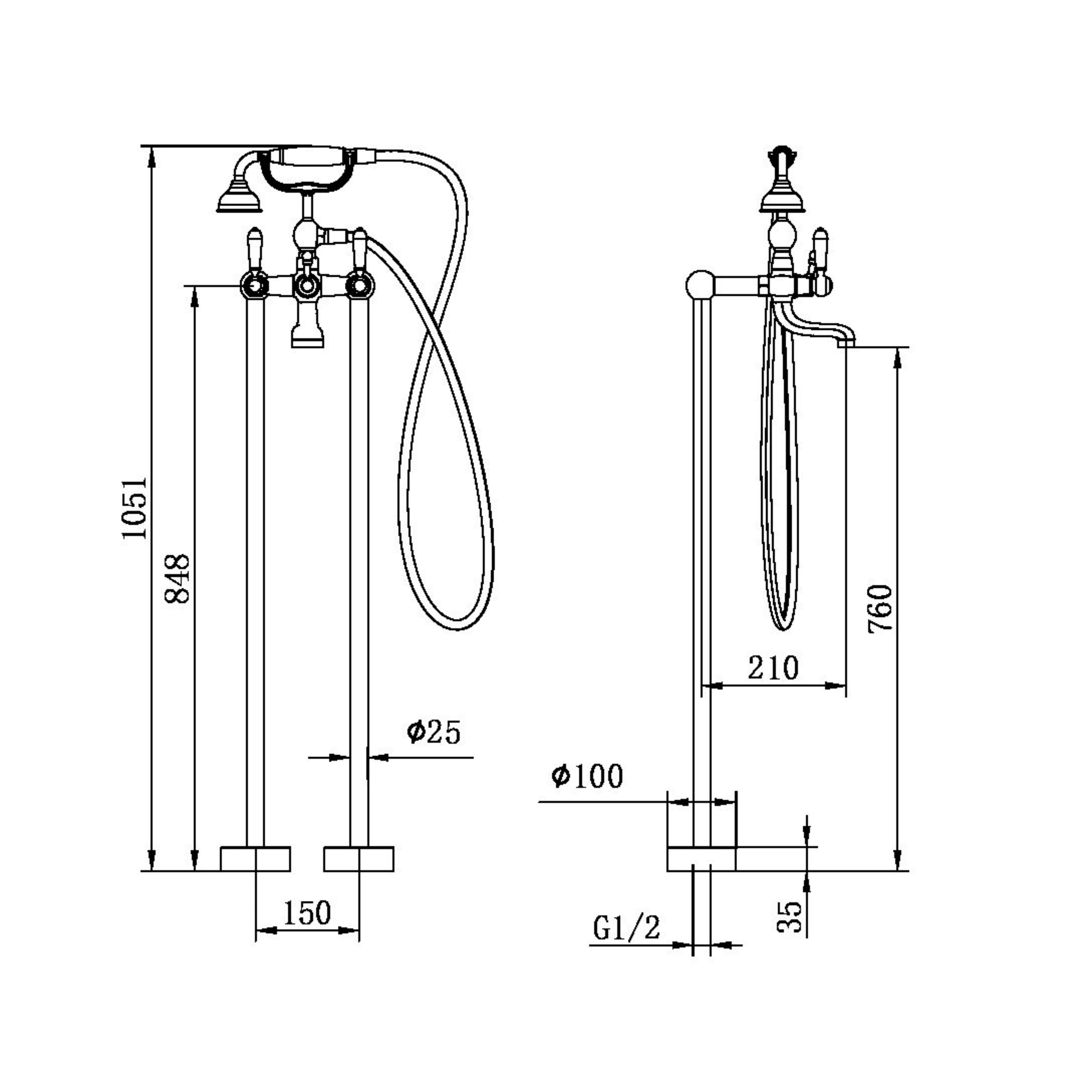 NERO YORK FREESTANDING BATH SET WITH METAL HAND SHOWER AGED BRASS