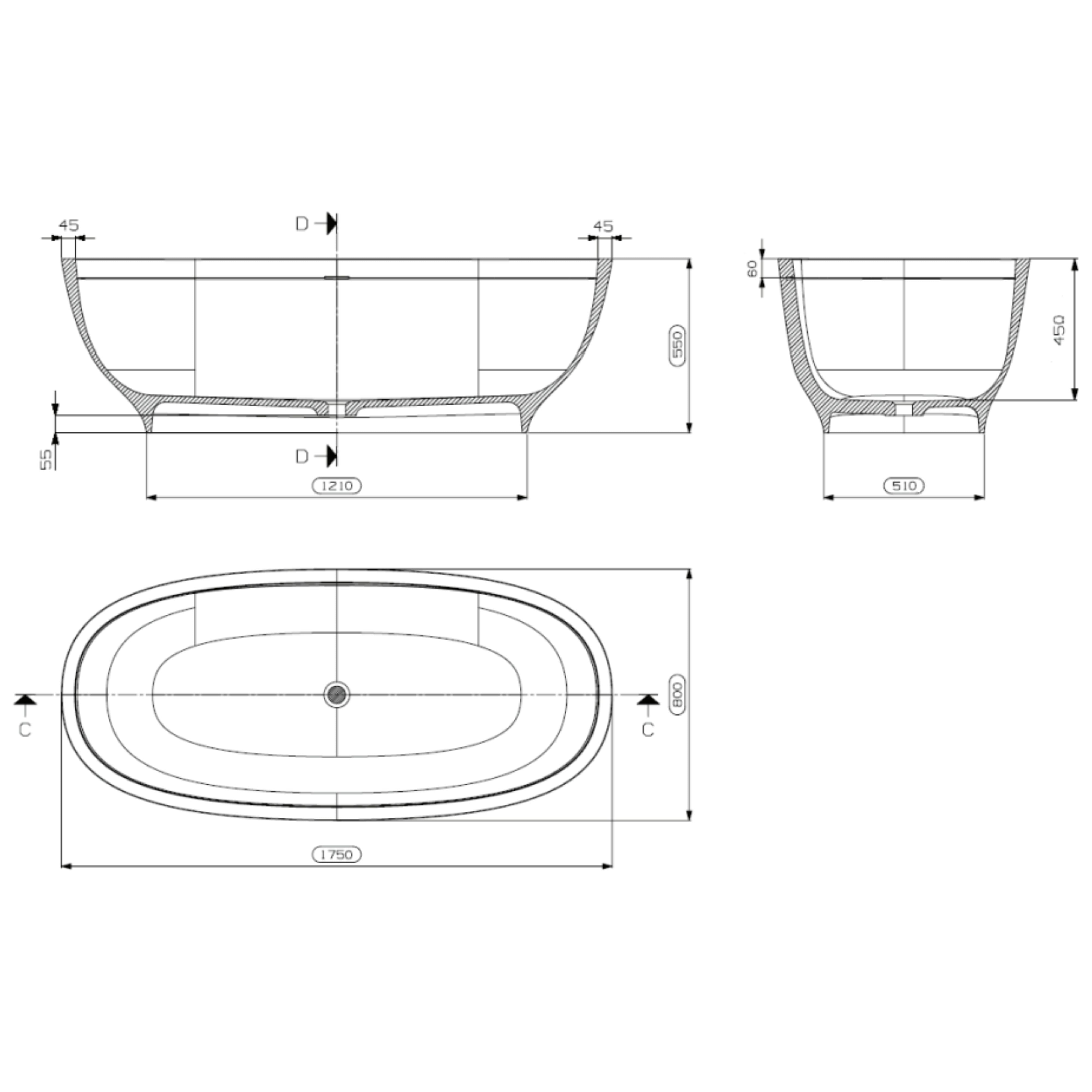 DOMUS LIVING LEMONIA FREESTANDING BATHTUB WITH OVERFLOW MATTE WHITE 1750MM