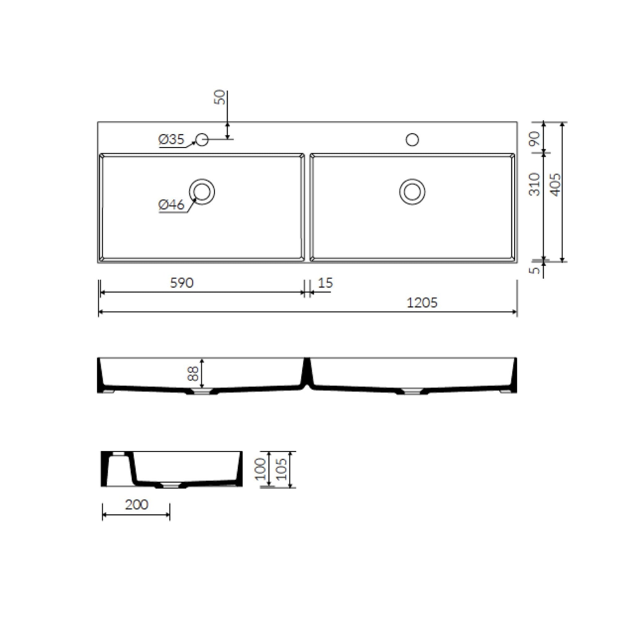 SEIMA TAVI 1206 DOUBLE BOWL ABOVE COUNTER STONE BASIN MATTE WHITE 1205MM