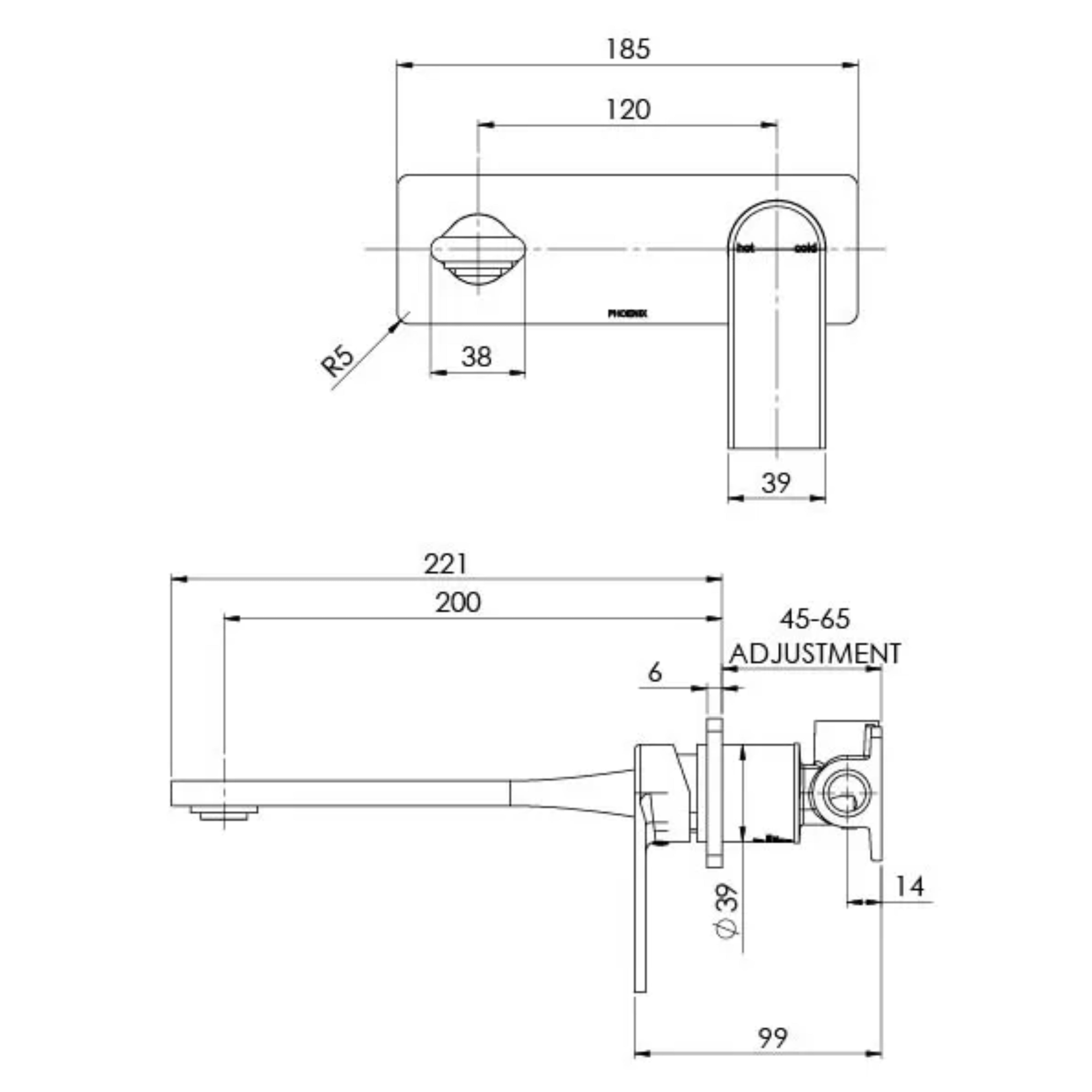 PHOENIX TEEL SWITCHMIX WALL BASIN AND BATH MIXER SET 200MM BRUSHED NICKEL