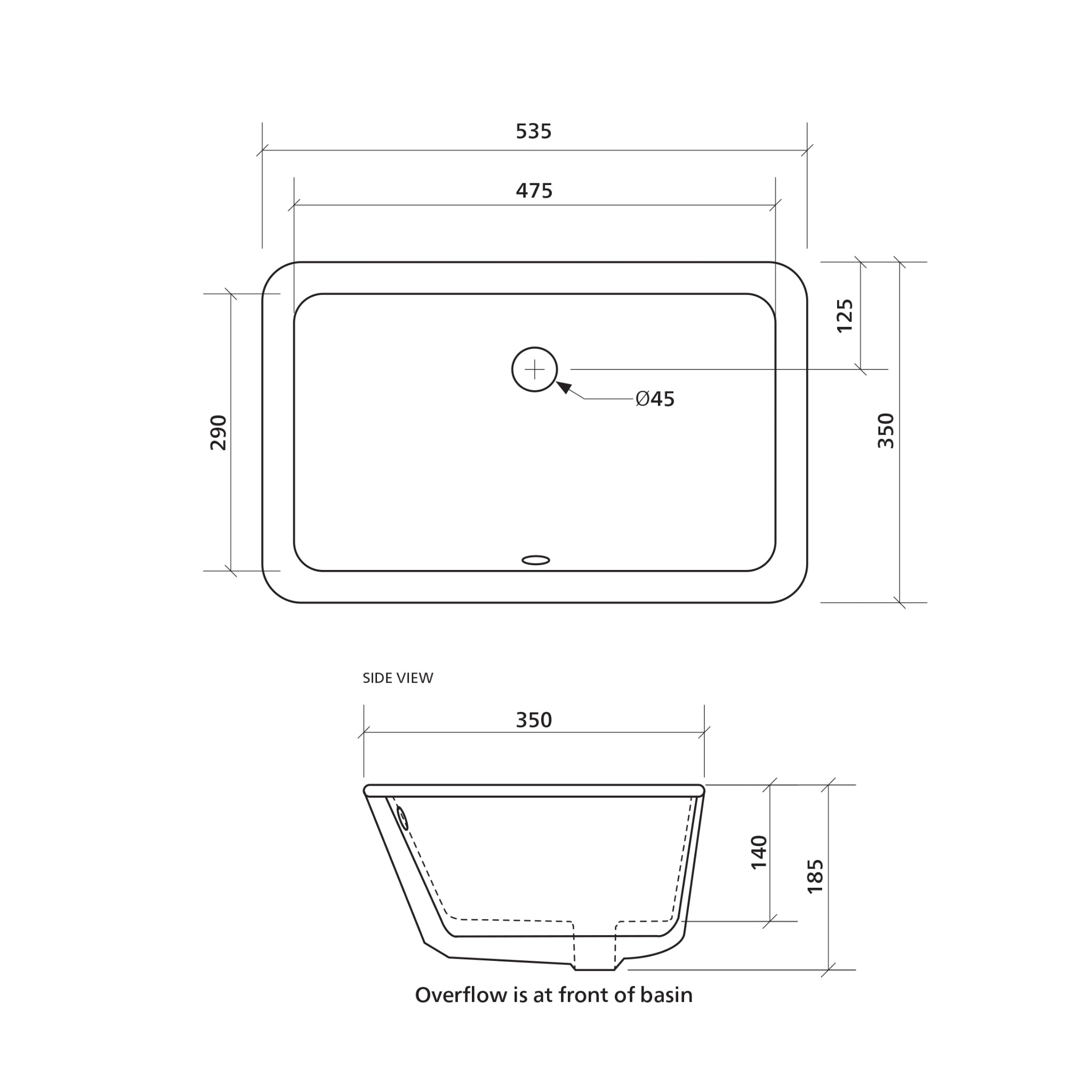 SEIMA KYRA 216 UNDER COUNTER BASIN WITH OVERFLOW GLOSS WHITE 475MM