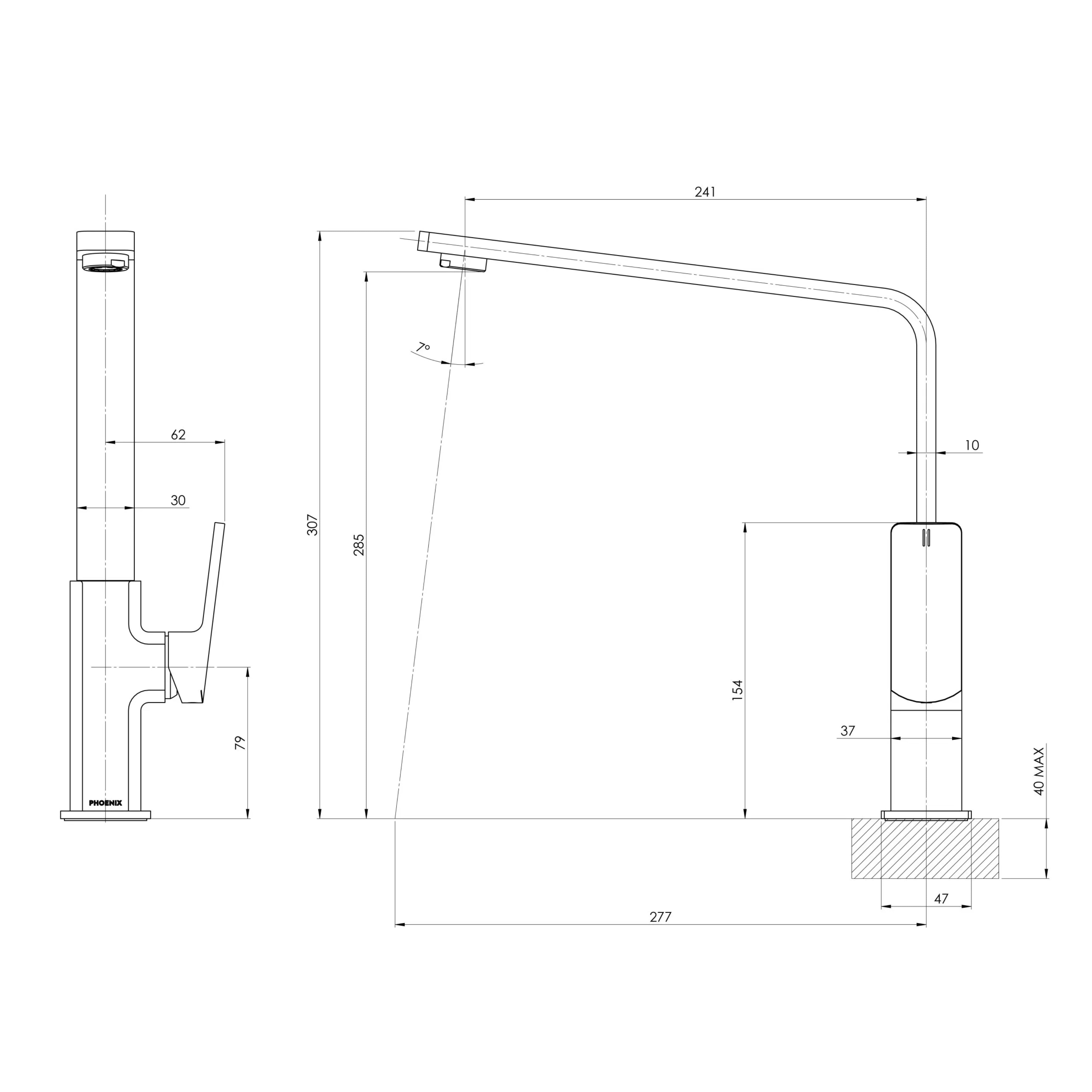 PHOENIX ENVIRO316 SINK MIXER SQUARELINE 240MM STAINLESS STEEL