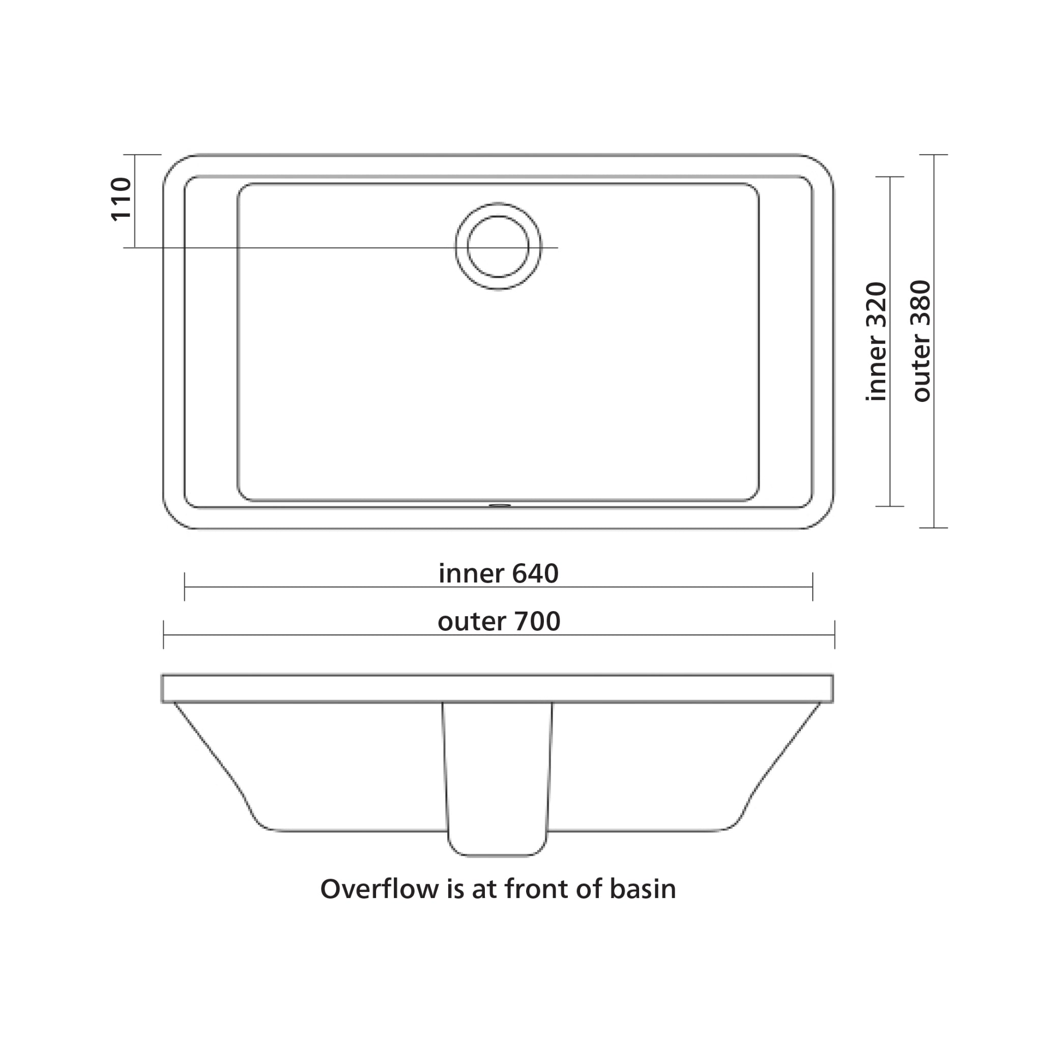 SEIMA PLATI 700 UNDER COUNTER BASIN WITH OVERFLOW GLOSS WHITE 700MM