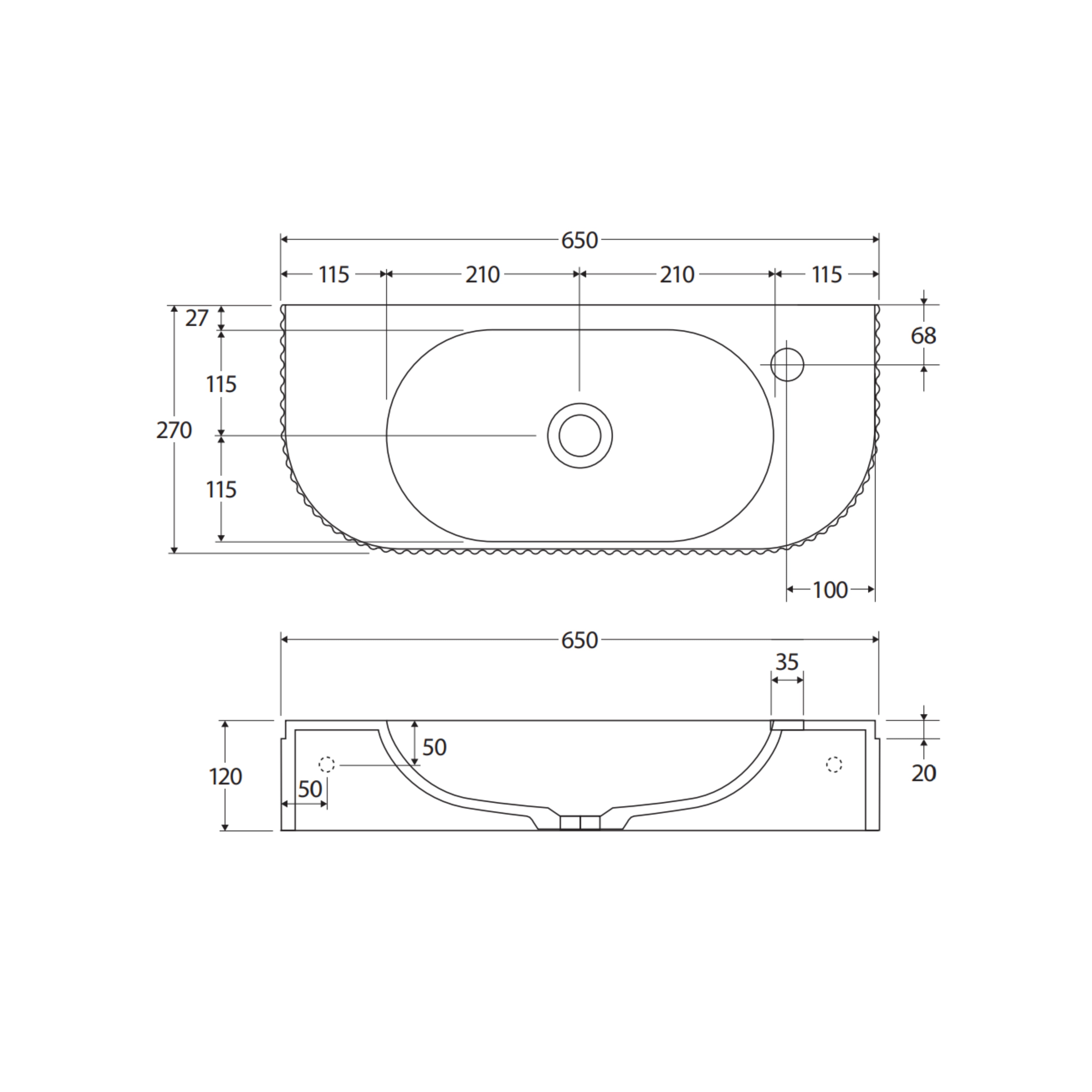 FIENZA MINKA SOLID SURFACE WALL HUNG BASIN WITH TAPHOLE MATTE WHITE 650MM