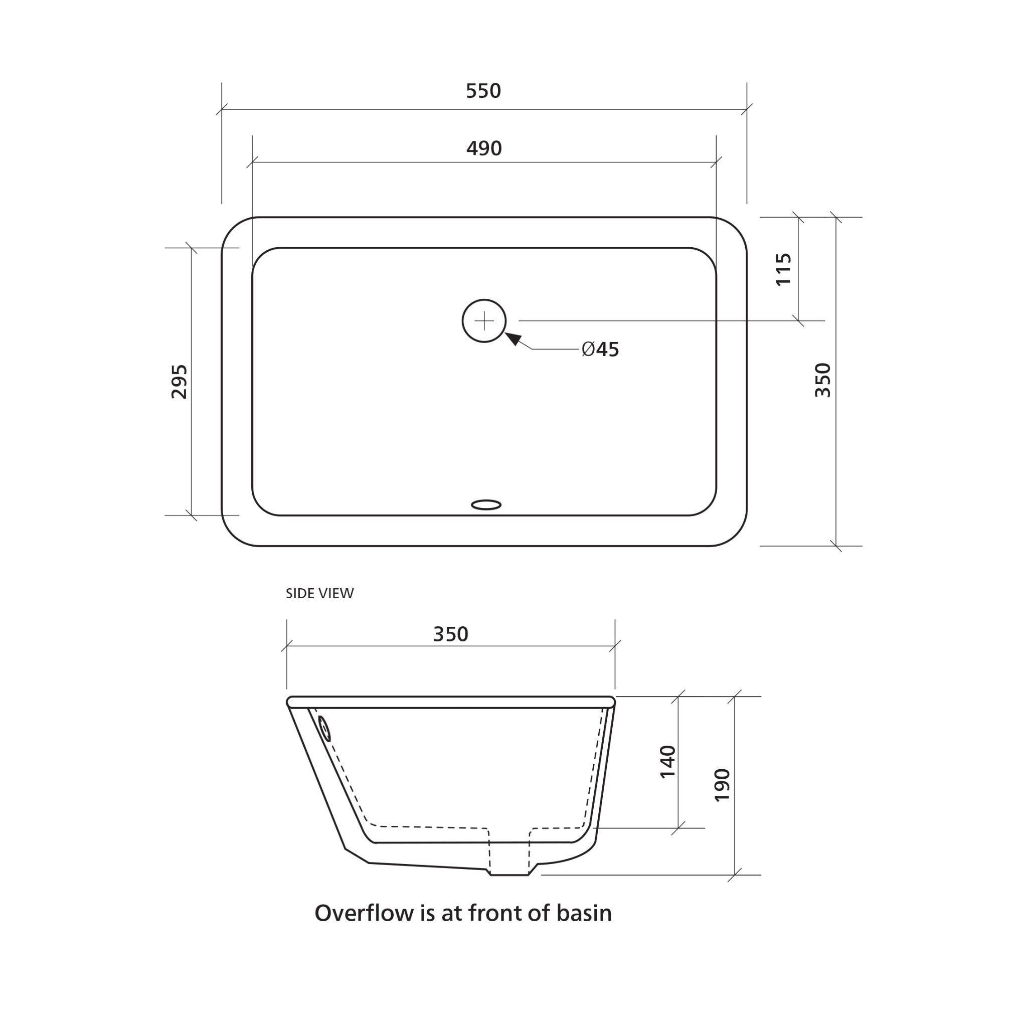 SEIMA PLATI 204 UNDER COUNTER BASIN WITH OVERFLOW SILK MATTE BLACK 490MM