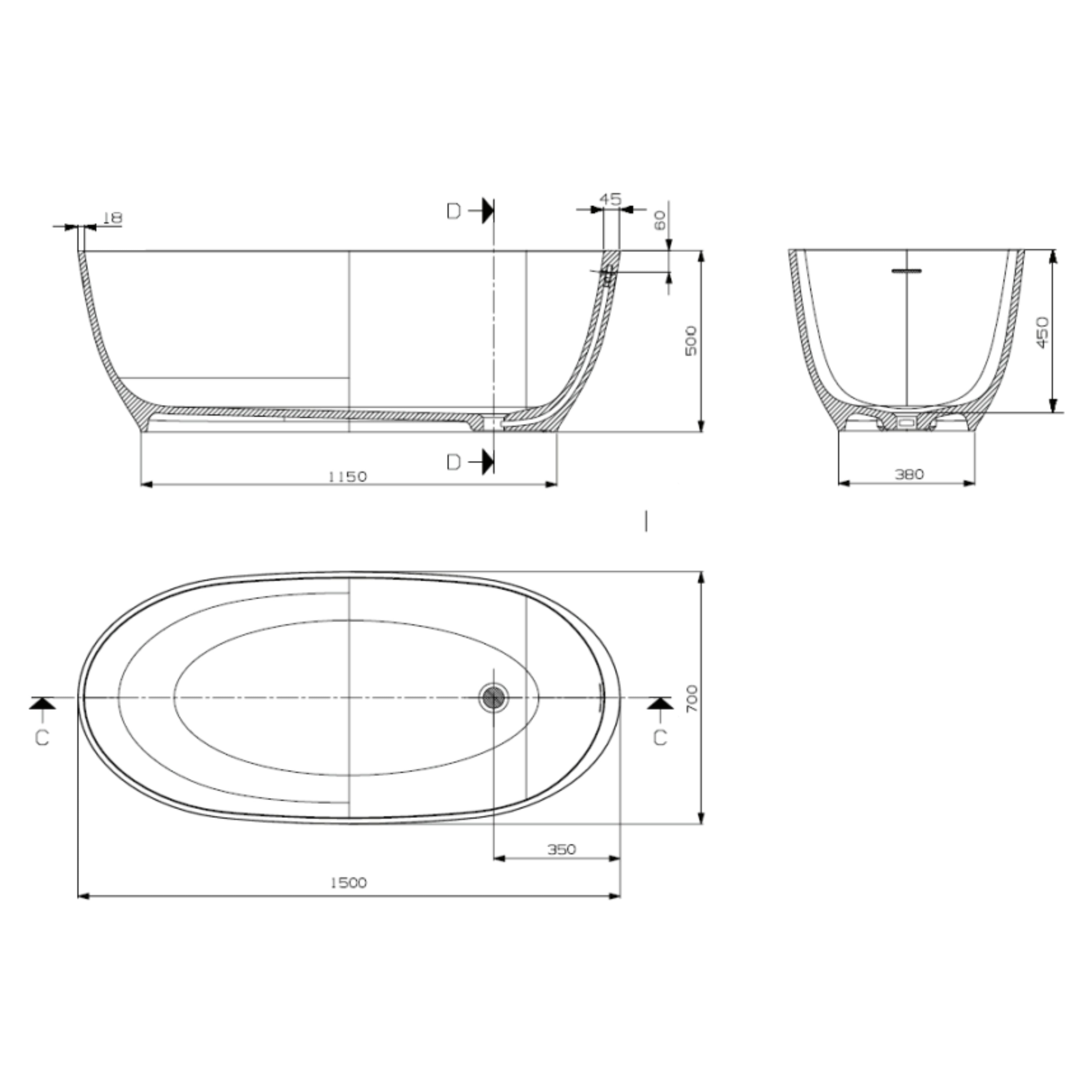 DOMUS LIVING DIANA FREESTANDING BATHTUB WITH OVERFLOW MATTE WHITE (AVAILABLE IN 1500MM AND 1700MM)