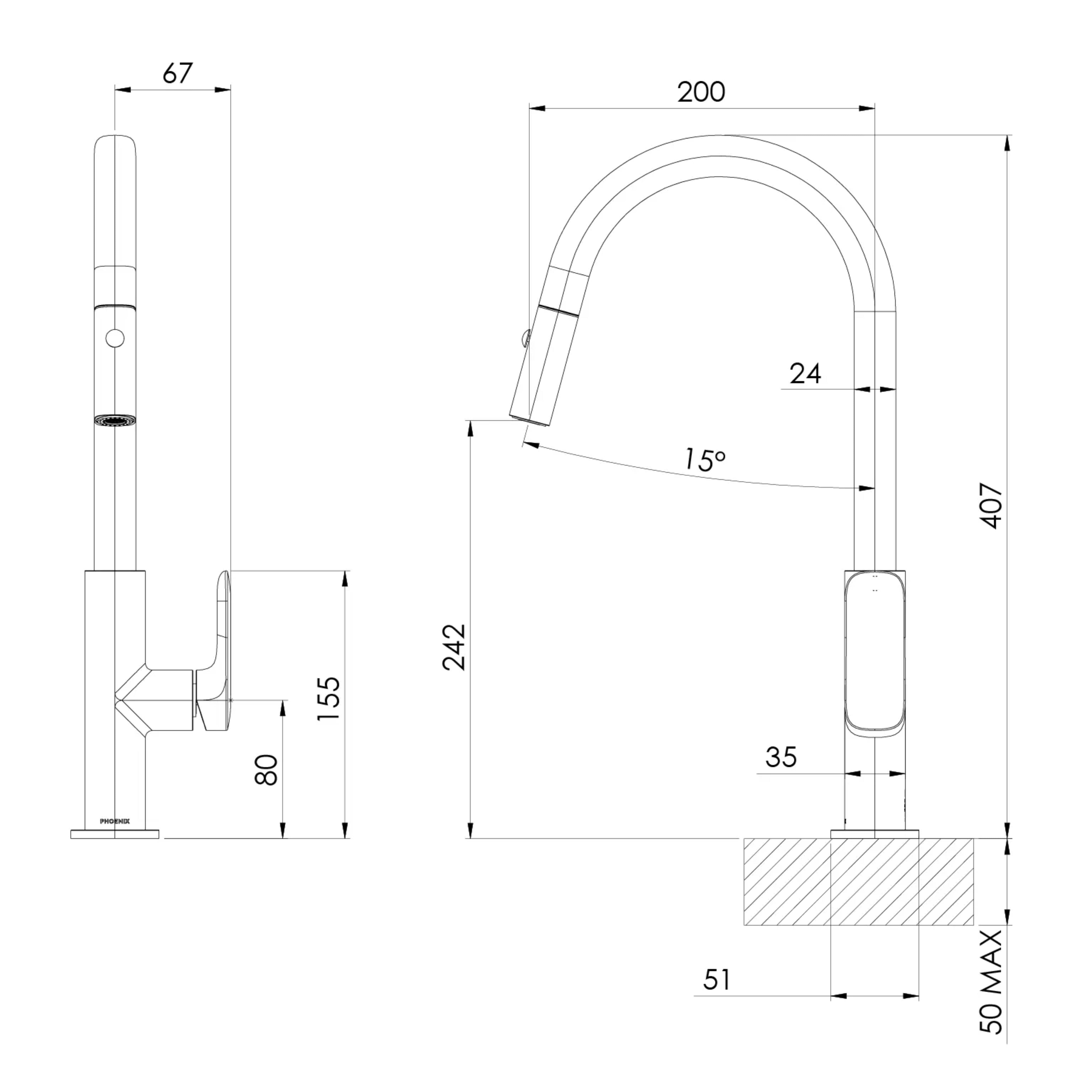 PHOENIX NUAGE PULL-OUT SINK MIXER 200MM BRUSHED NICKEL