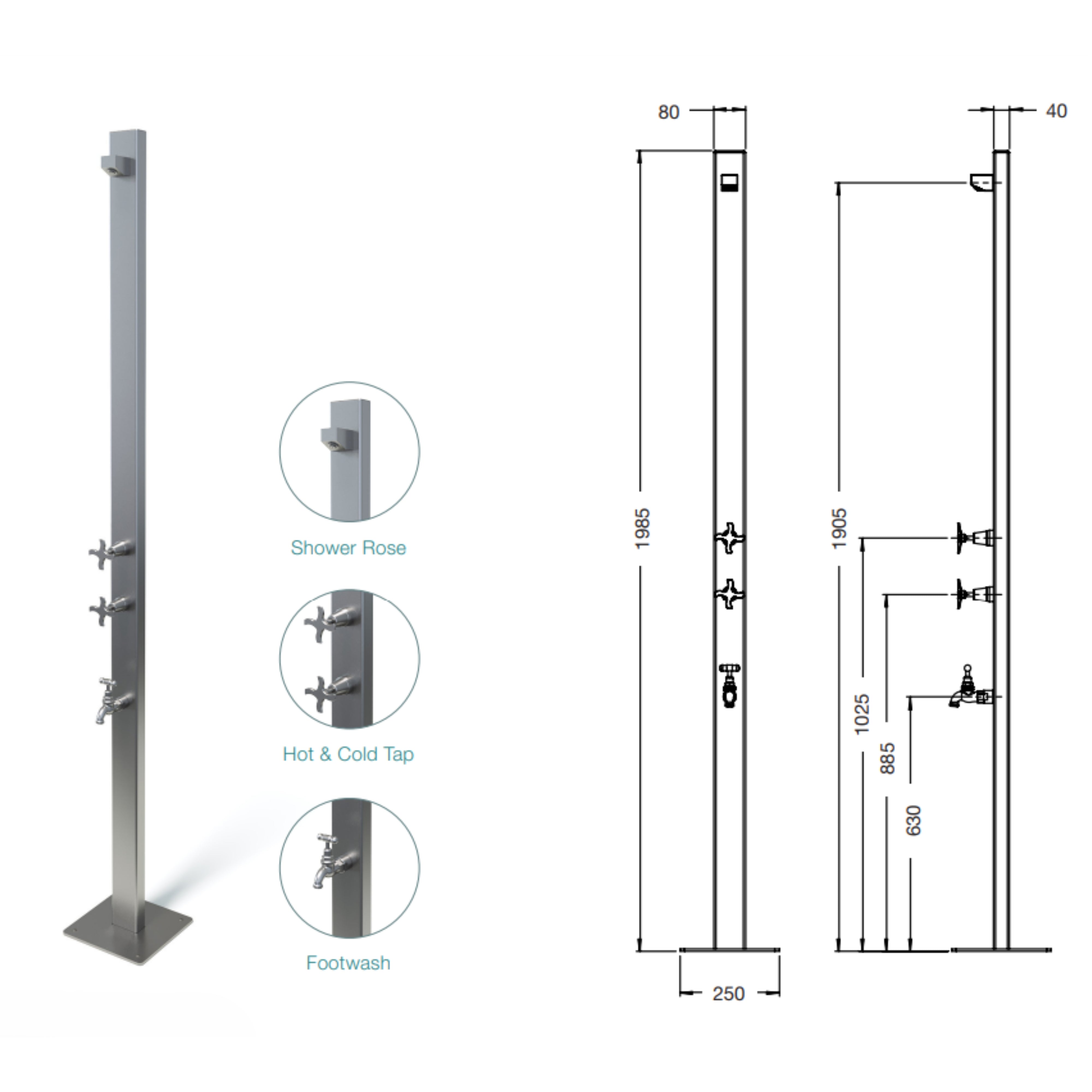 RAINWARE AUSSIE PREMIUM FREESTANDING OUTDOOR HOT AND COLD SHOWER AND COLD FOOTWASH SILVER