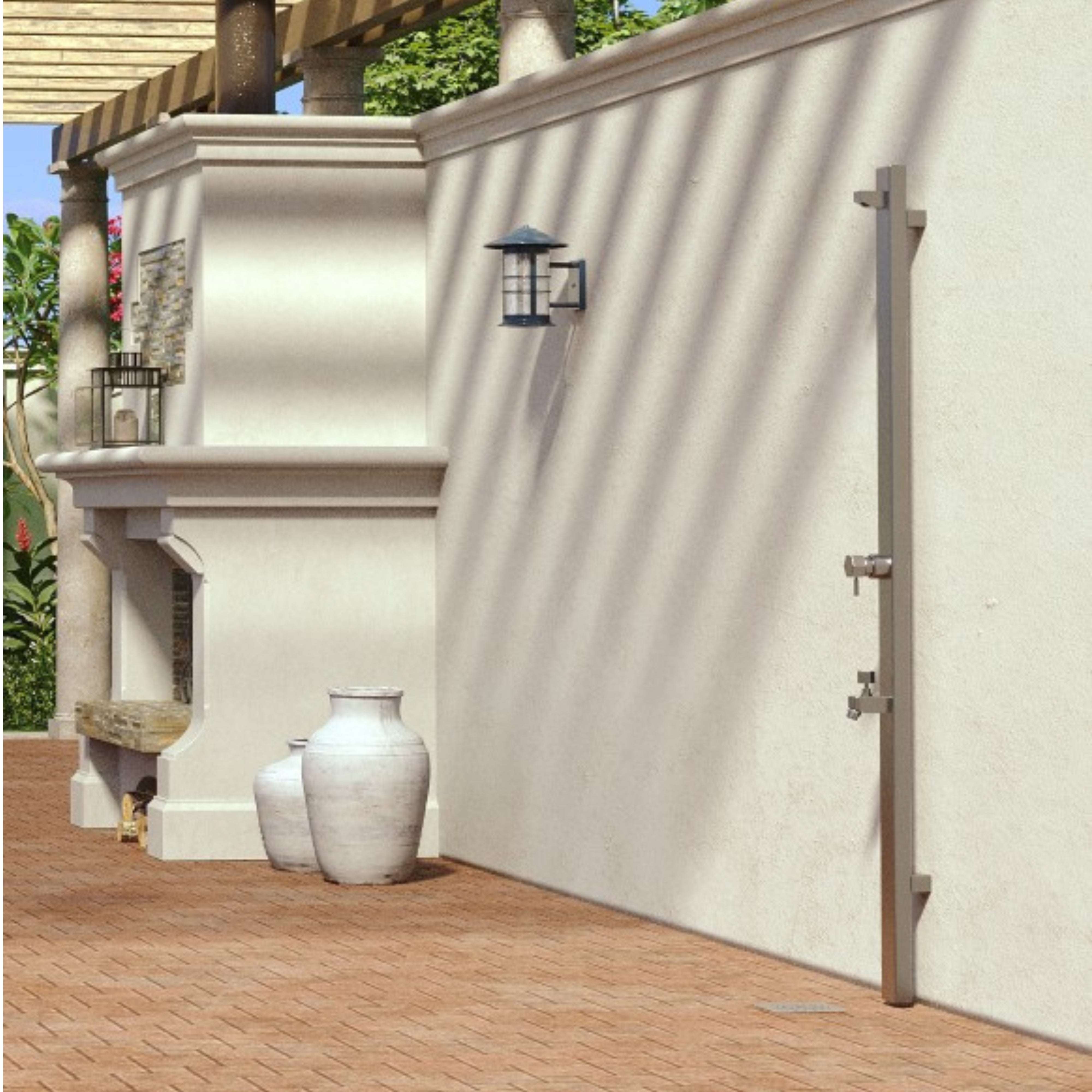 RAINWARE SUNCOAST WALL MOUNTED OUTDOOR HOT AND COLD SHOWER AND COLD FOOTWASH STAINLESS STEEL