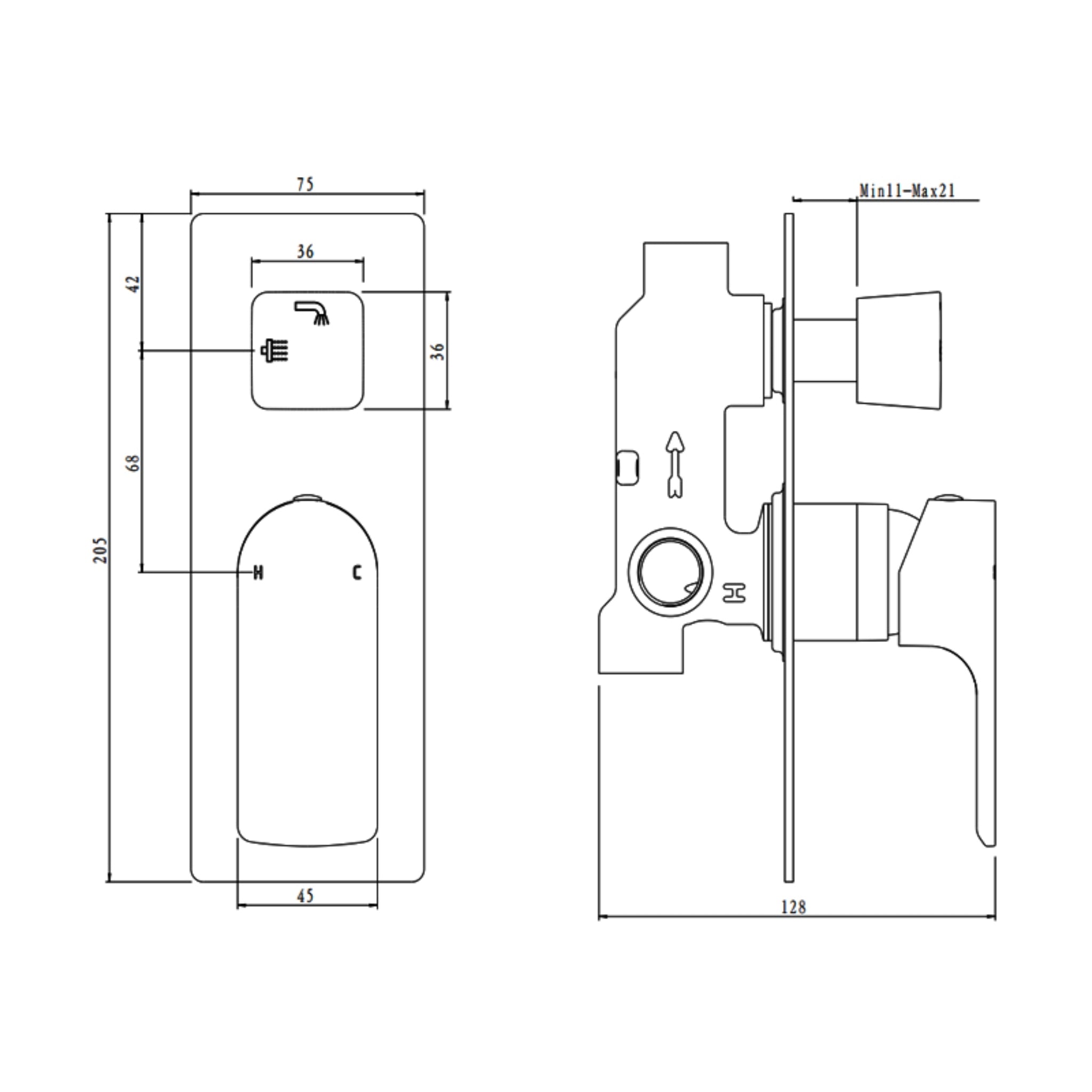 AQUAPERLA VOG WALL MIXER WITH DIVERTER 205MM CHROME