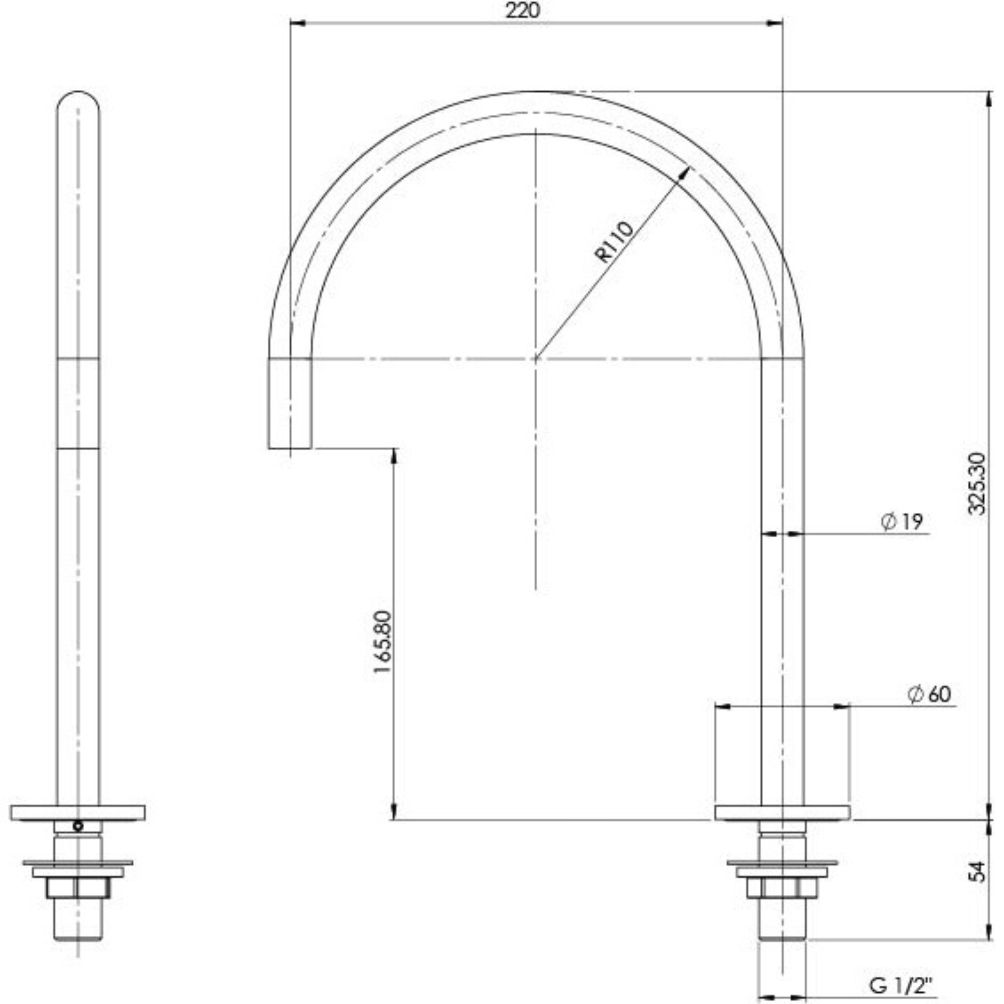 PHOENIX VIVID SLIMLINE GOOSENECK HOB SINK OUTLET 220MM BRUSHED NICKEL