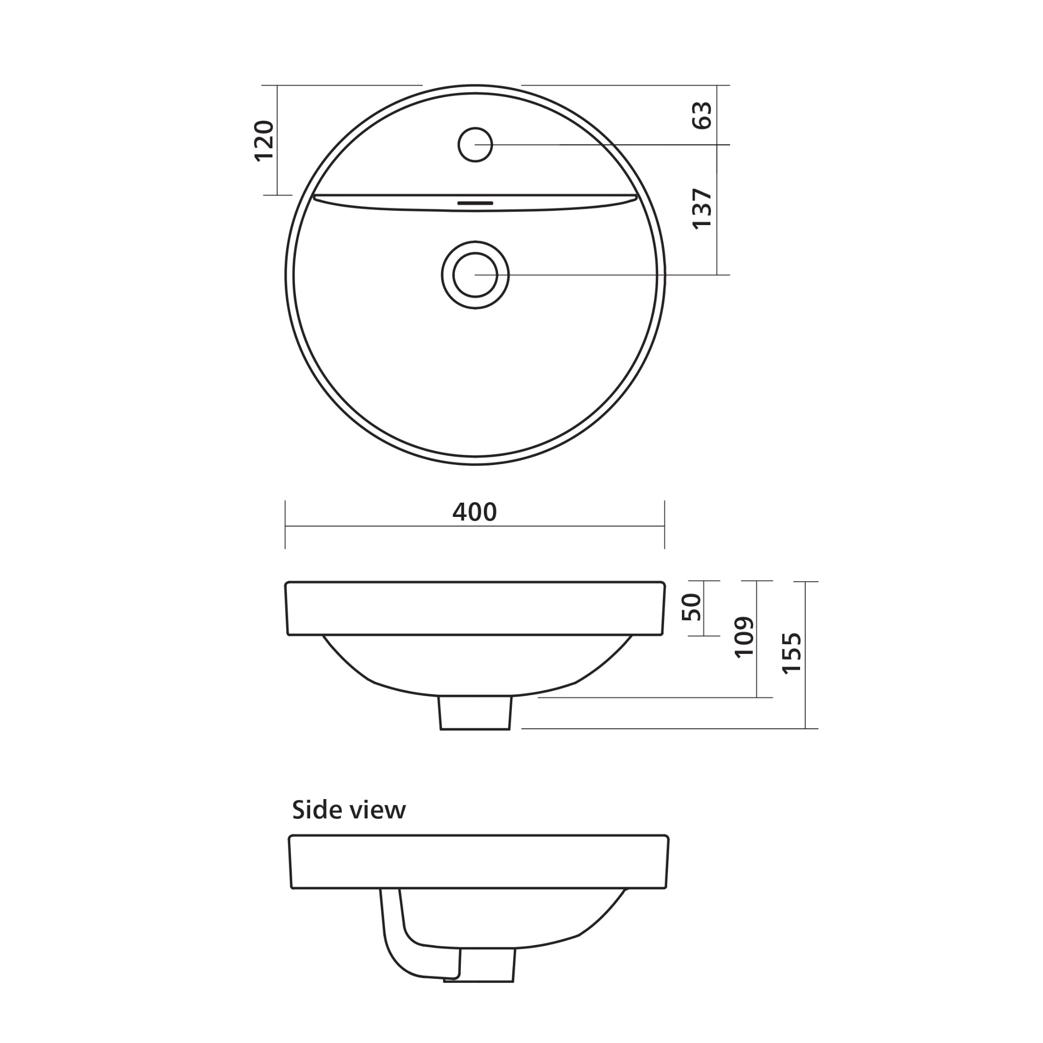 SEIMA SYROS 400 SEMI-INSET BASIN WITH OVERFLOW GLOSS WHITE 400MM