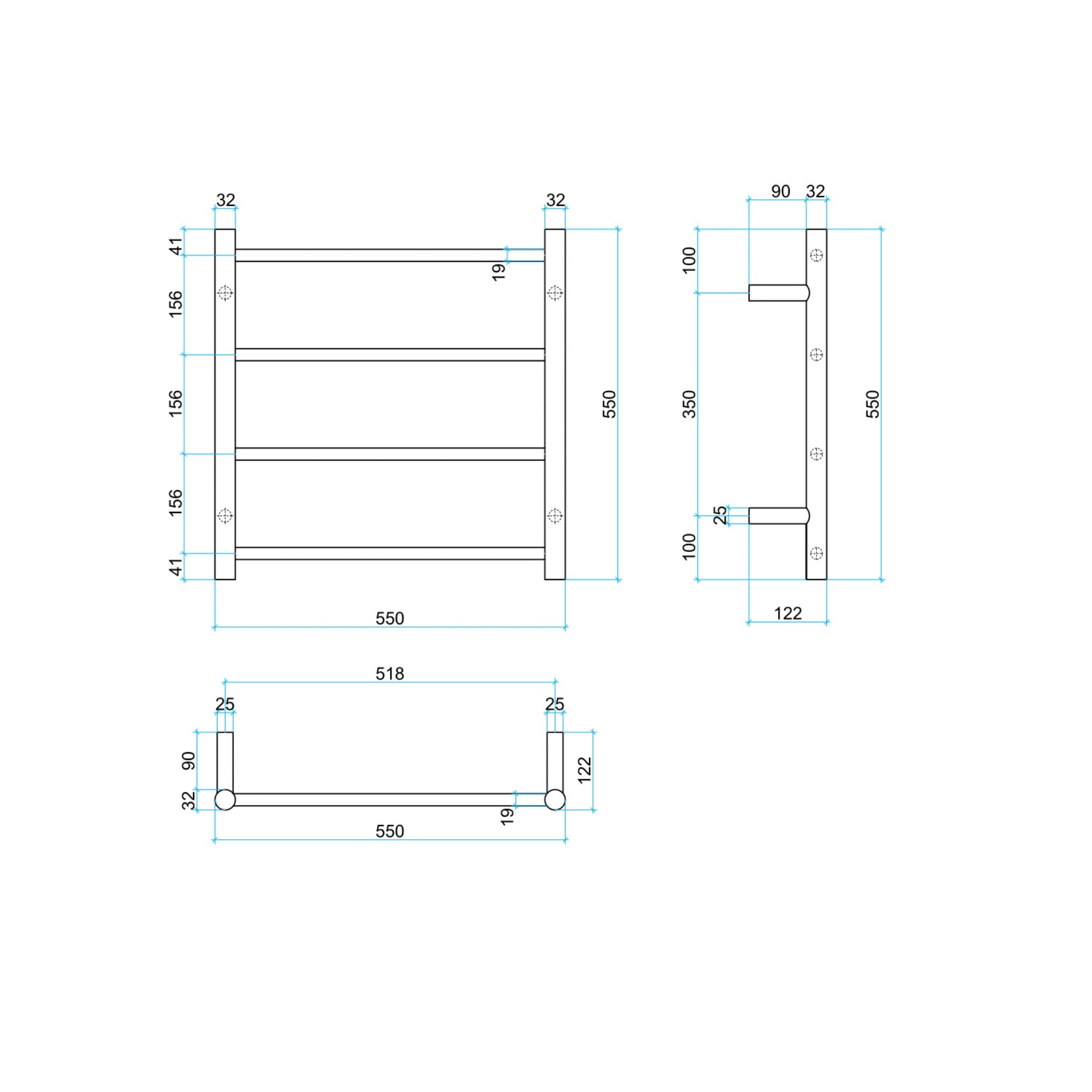 THERMOGROUP 4-BAR ROUND LADDER HEATED TOWEL RAIL POLISHED STAINLESS STEEL 550MM