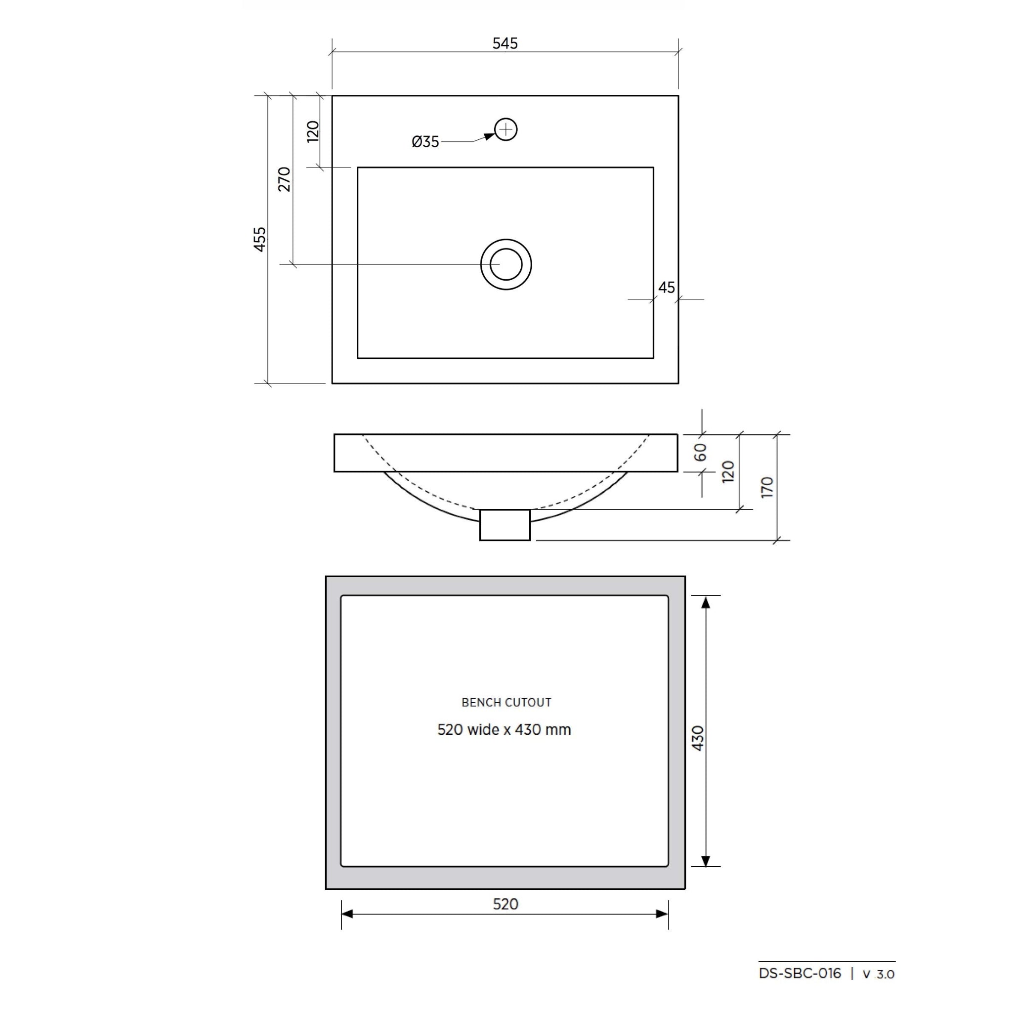 SEIMA KYRA 016 INSET BASIN WITH OVERFLOW GLOSS WHITE 545MM