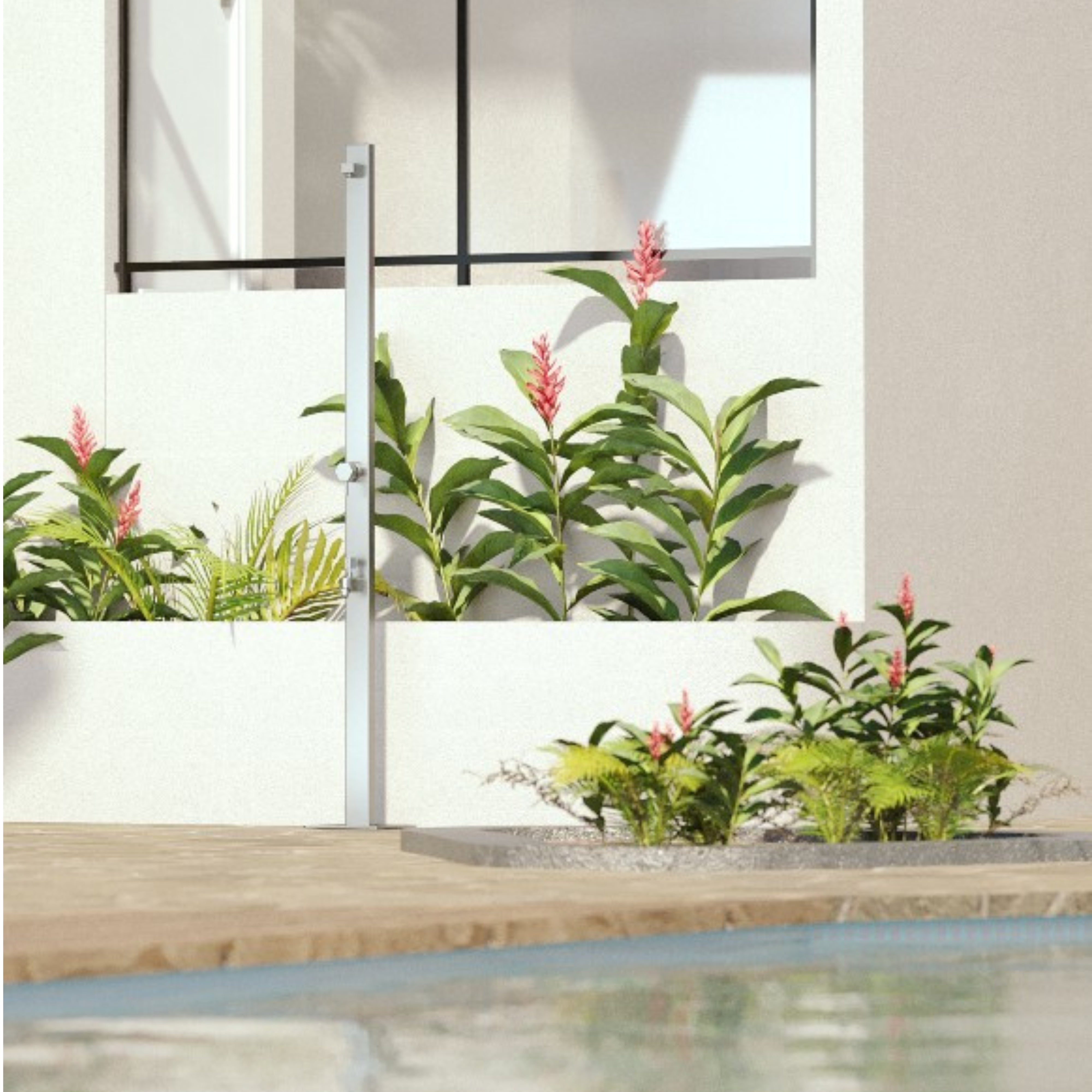 RAINWARE SUNCOAST PREMIUM FREESTANDING OUTDOOR HOT AND COLD SHOWER AND COLD FOOTWASH STAINLESS STEEL