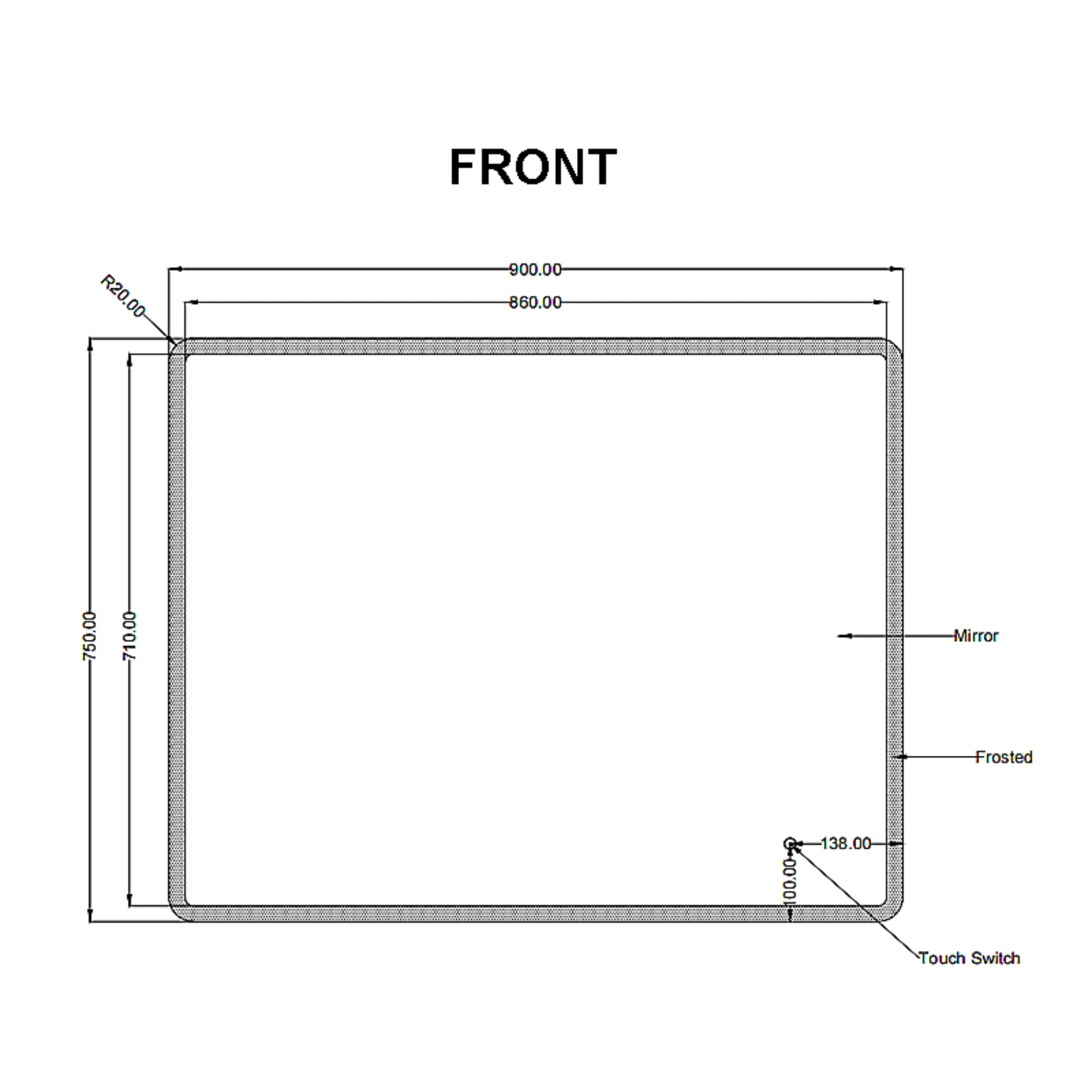 AQUAPERLA RECTANGULAR FRAMELESS 3 COLOUR FRONT-LIT LED MIRROR SILVER 900X750MM