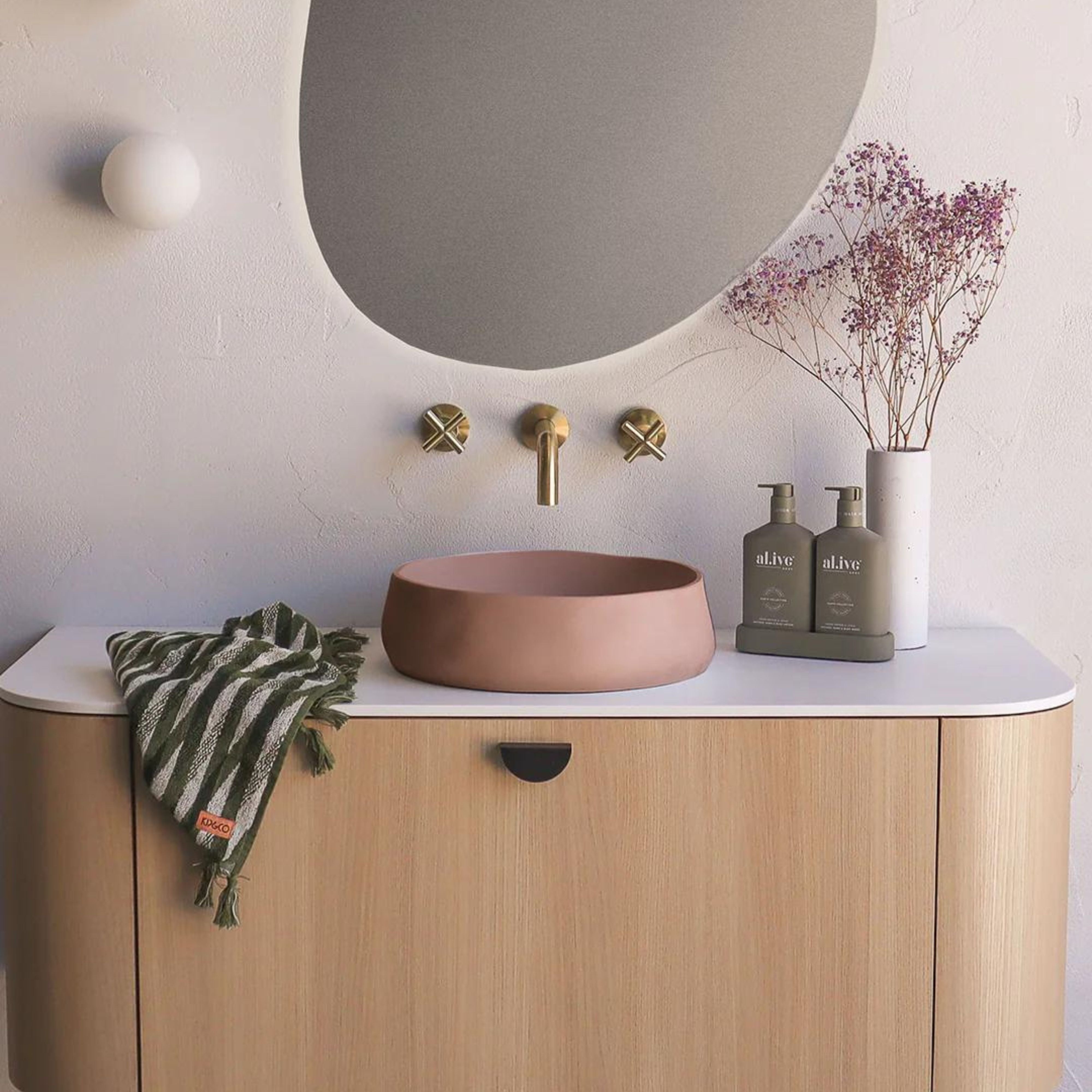 NOOD CO CONSCIOUS RANGE MILL ABOVE COUNTER / WALL HUNG BASIN BLUSH PINK 380MM