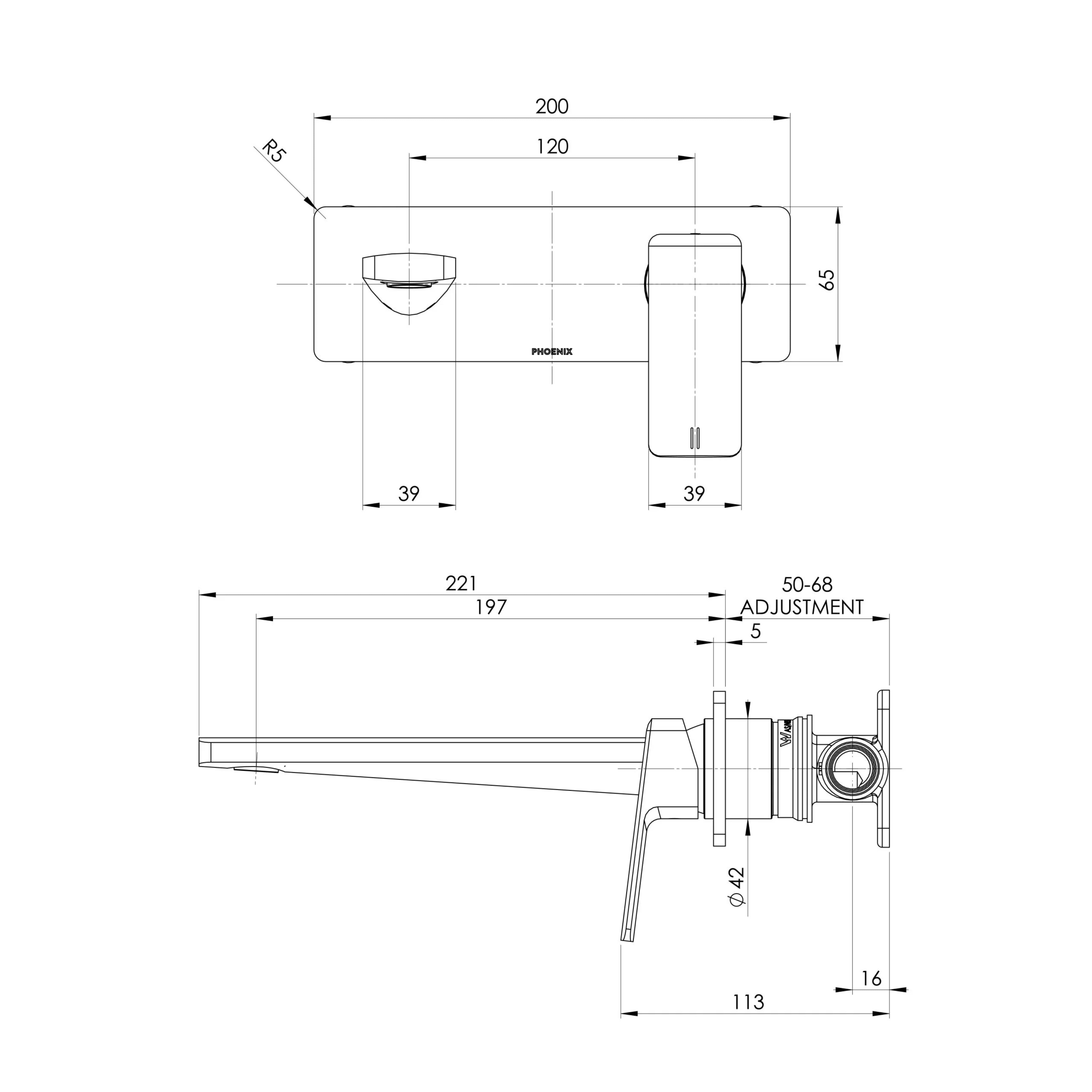 PHOENIX ENVIRO316 WALL BASIN AND BATH MIXER SET 200MM STAINLESS STEEL