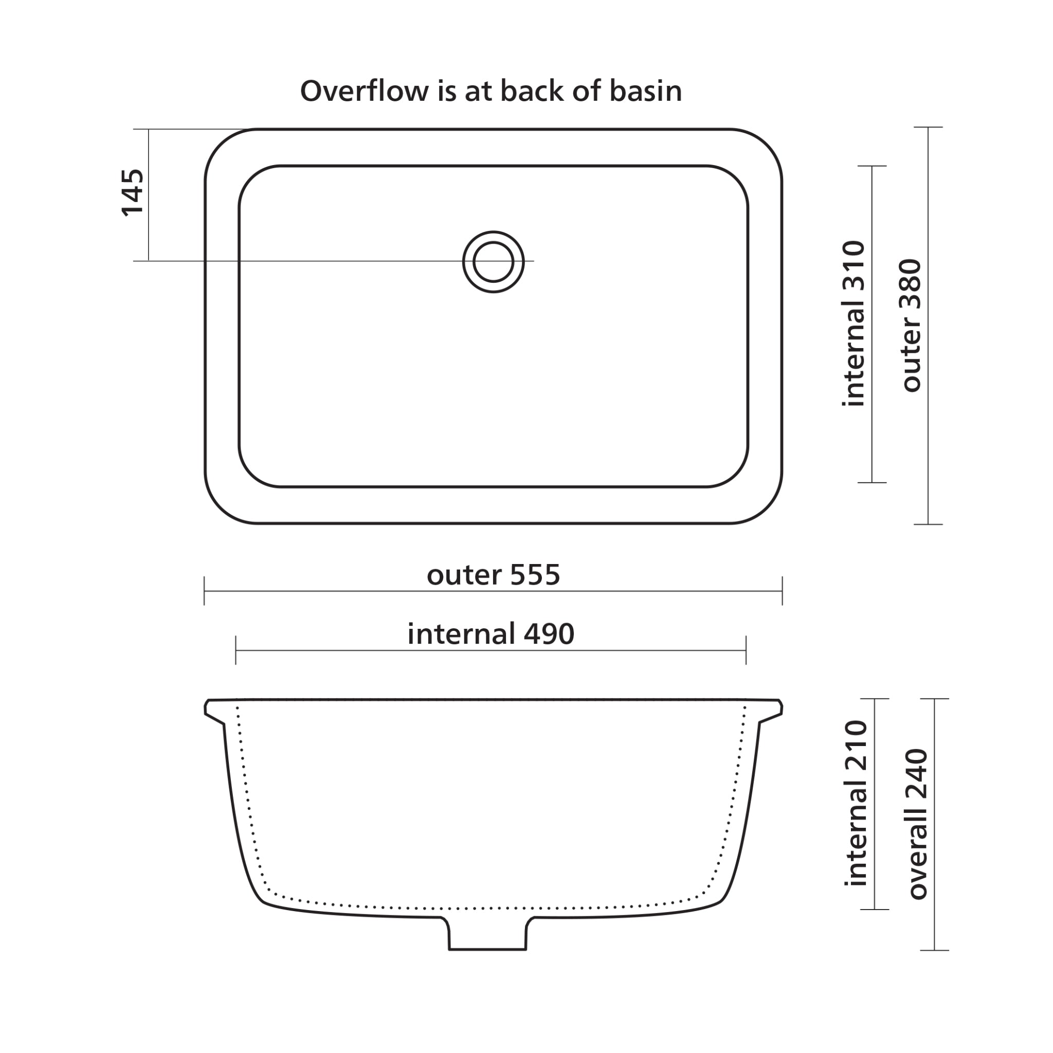 SEIMA PLATI 555 UNDER COUNTER BASIN WITH OVERFLOW GLOSS WHITE 490MM