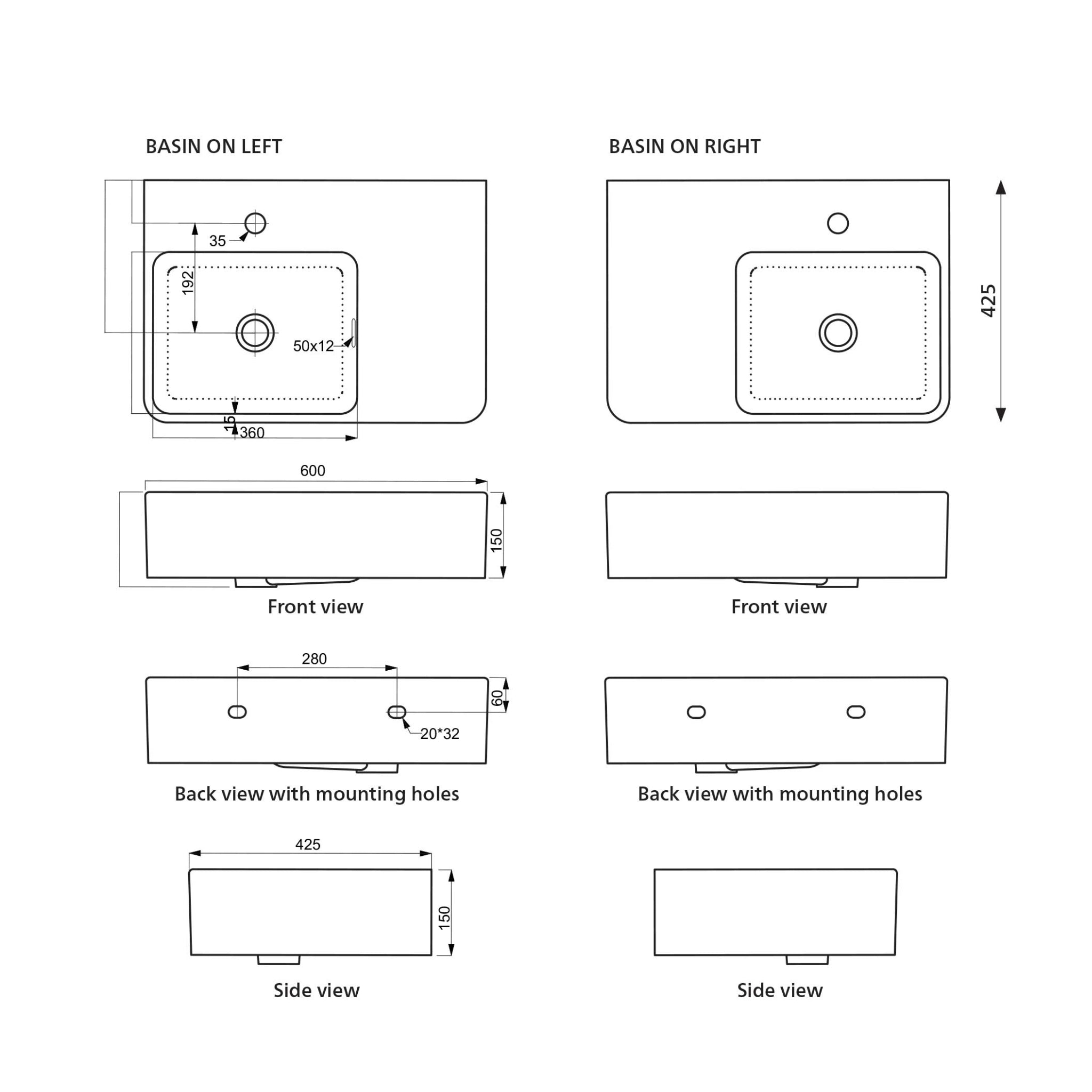 SEIMA LIMNI 601 WALL HUNG BASIN WITH OVERFLOW GLOSS WHITE 600MM