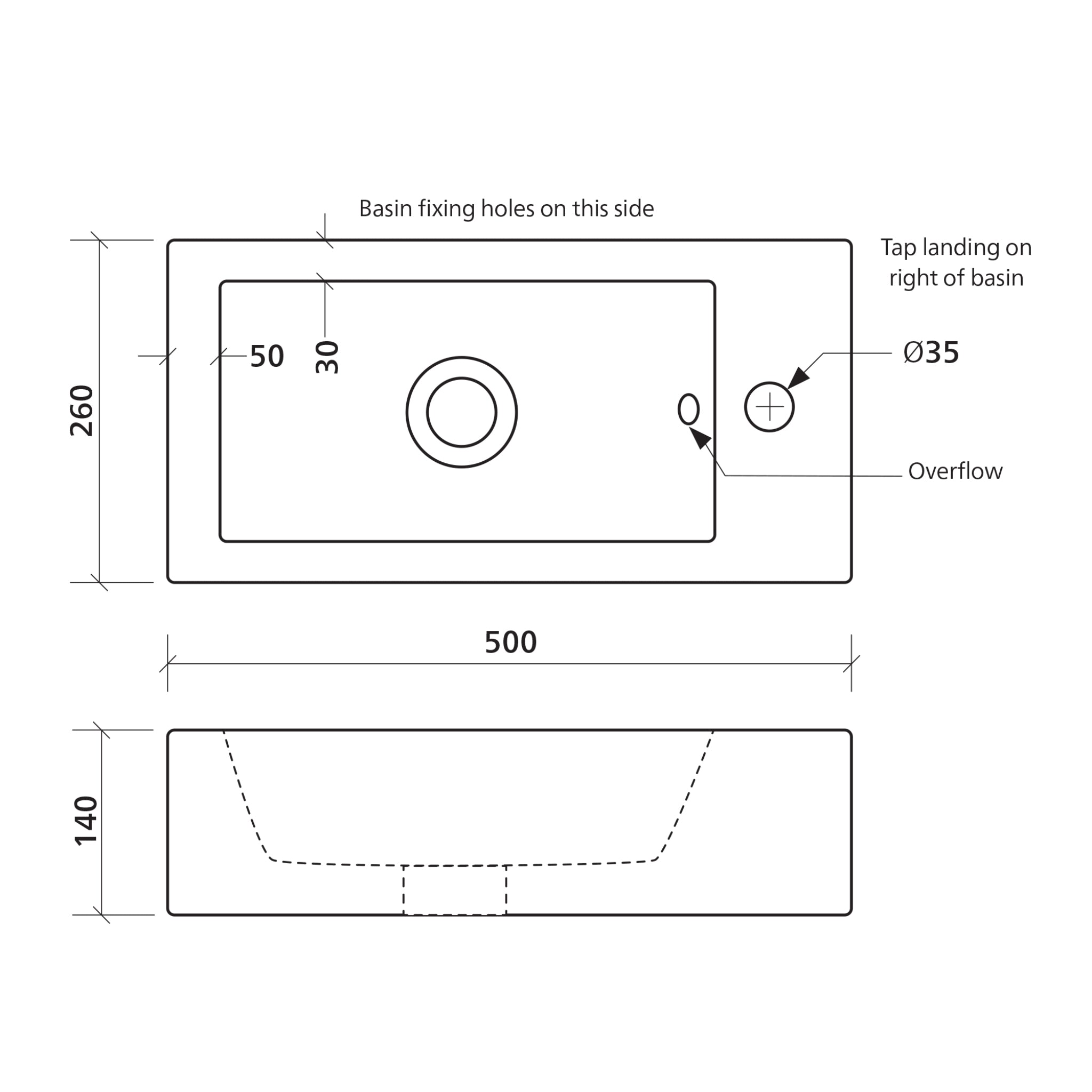 SEIMA KYRA 521 WALL HUNG BASIN WITH TAPHOLE & OVERFLOW GLOSS WHITE 500MM