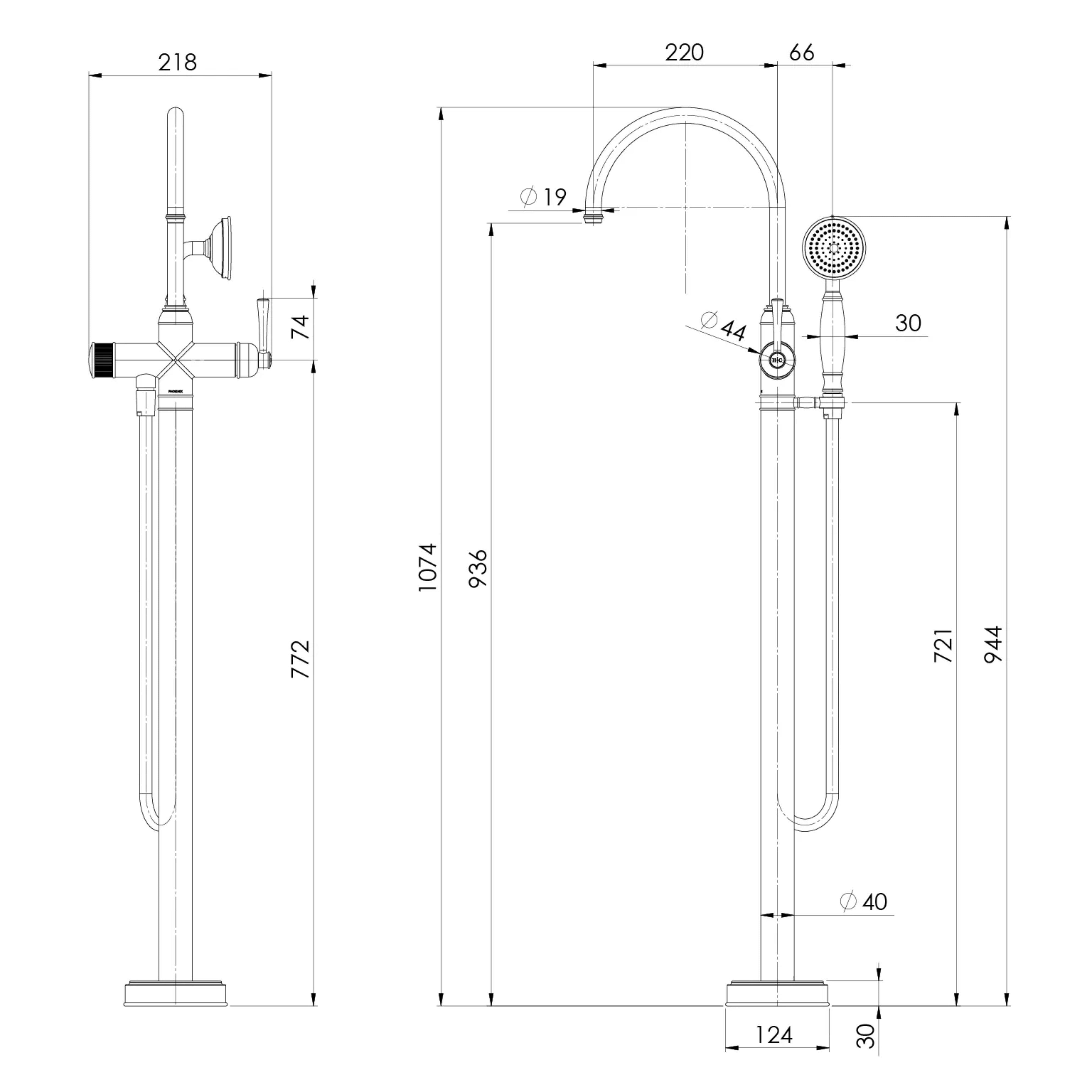 PHOENIX CROMFORD FLOOR MOUNTED BATH MIXER WITH HAND SHOWER CHROME