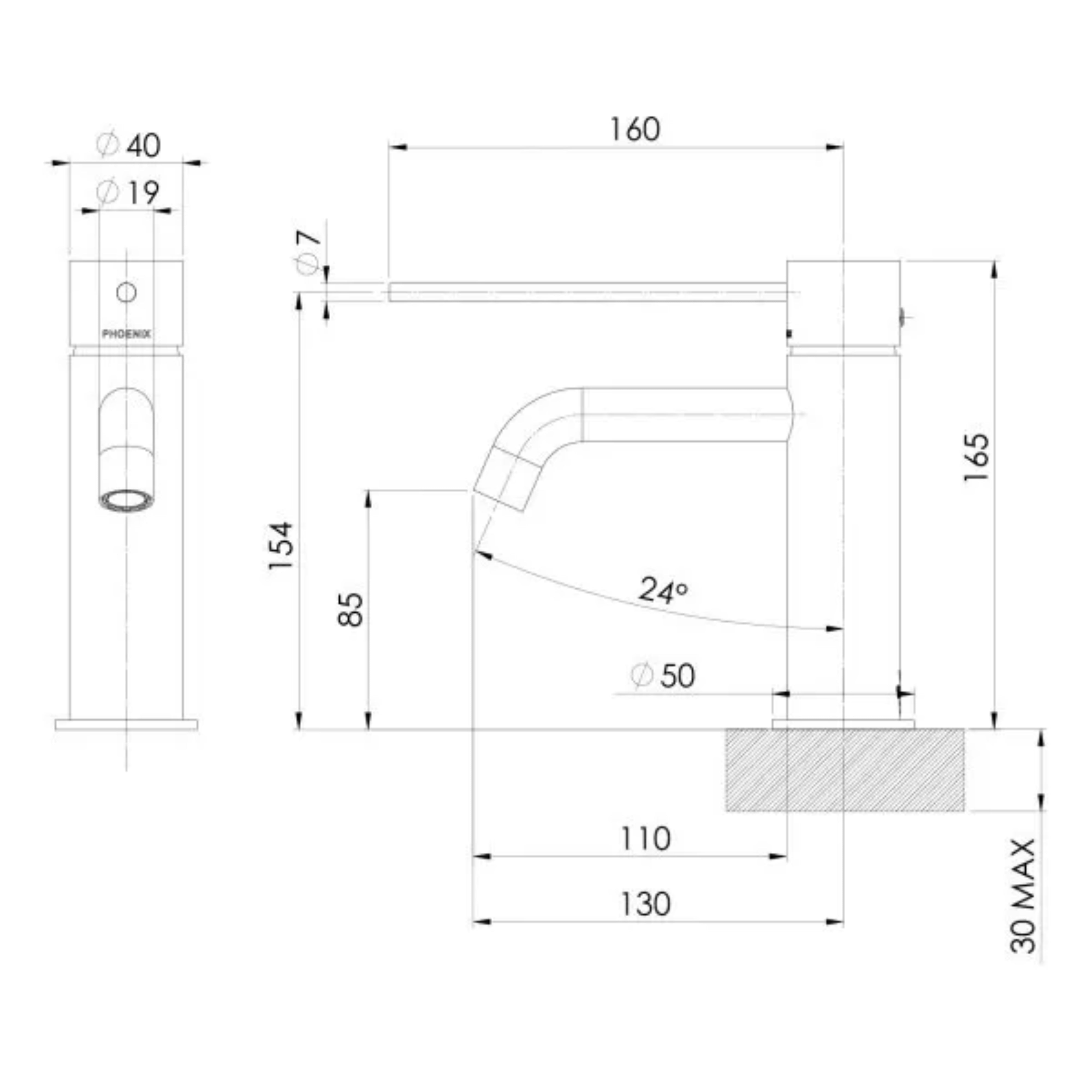 PHOENIX VIVID SLIMLINE BASIN MIXER CURVED OUTLET WITH EXTENDED LEVER 165MM BRUSHED NICKEL