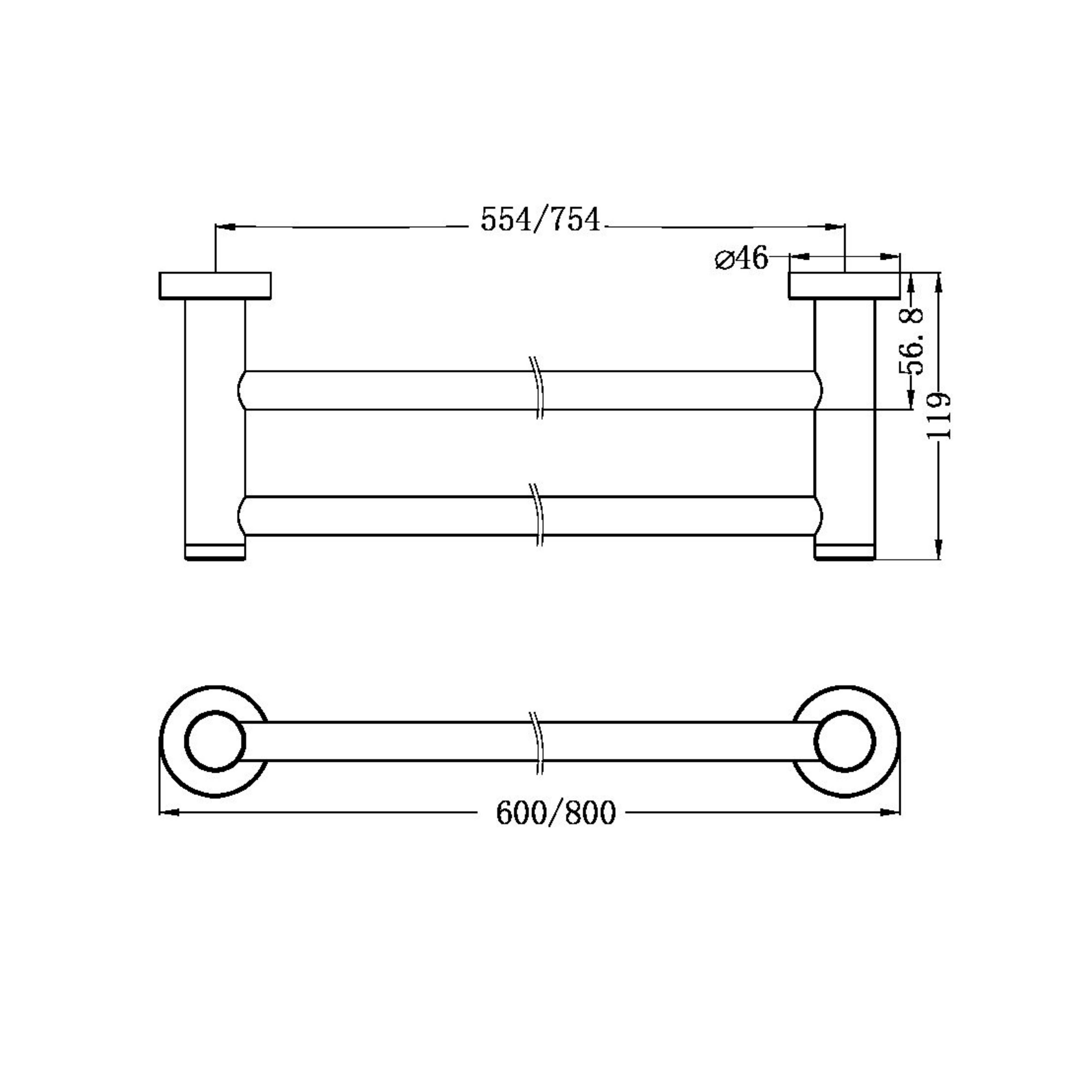 NERO CLASSIC NON-HEATED DOUBLE TOWEL RAIL MATTE BLACK (AVAILABLE IN 600MM AND 800MM)