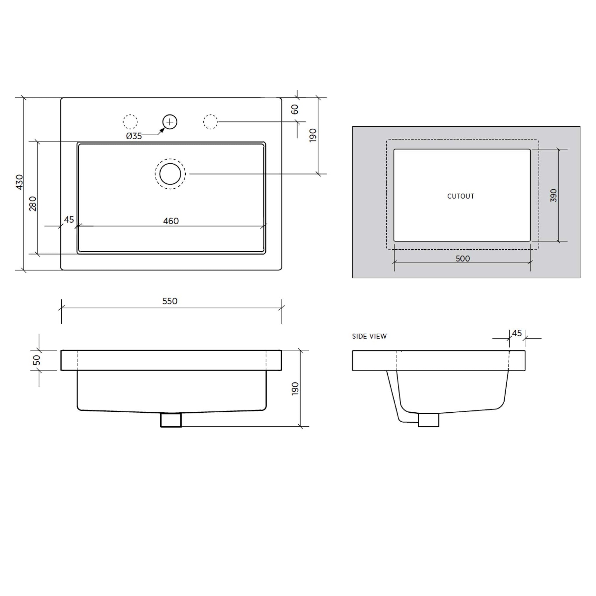 SEIMA KYRA 024 INSET BASIN WITH OVERFLOW GLOSS WHITE 550MM