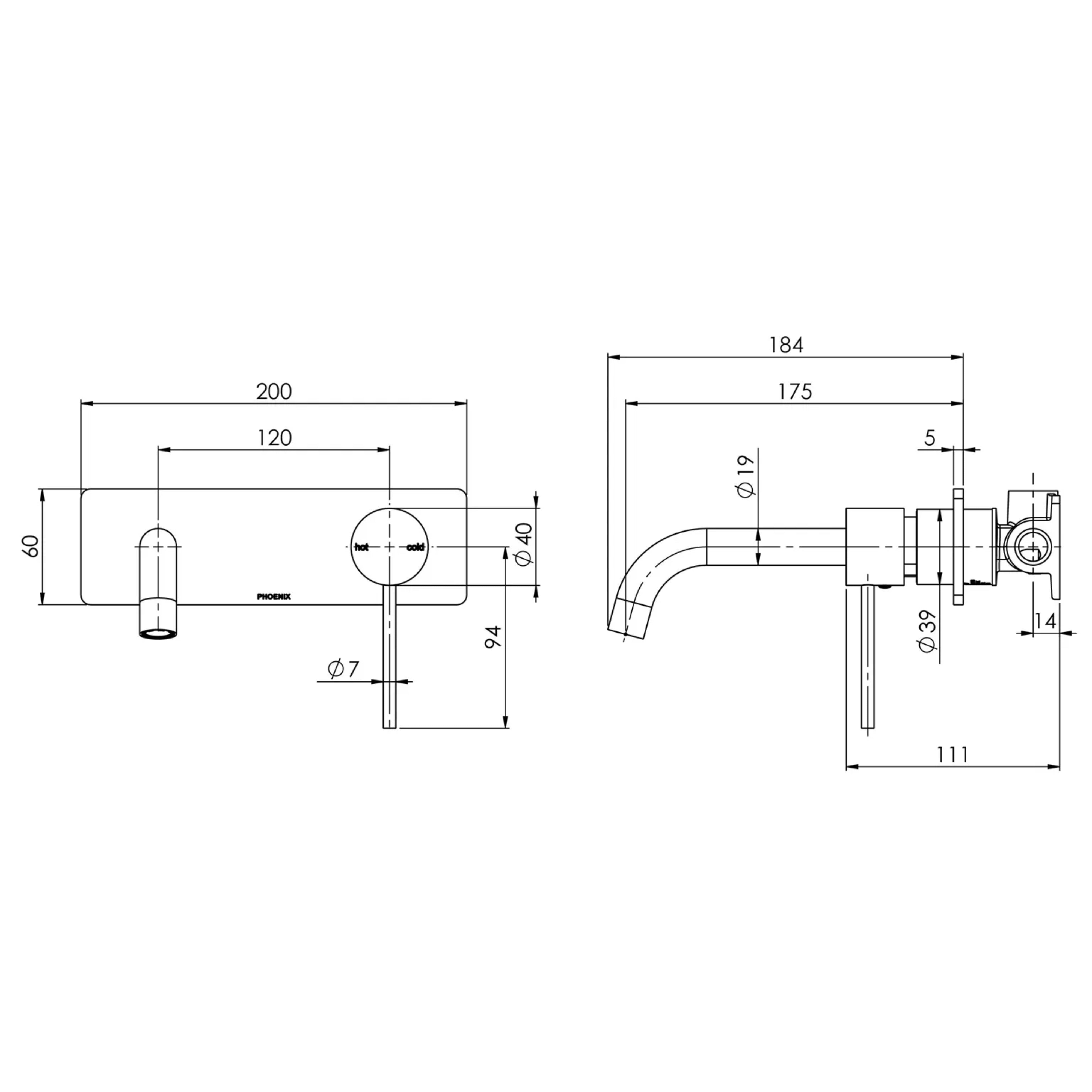 PHOENIX VIVID SLIMLINE SWITCHMIX WALL BASIN AND BATH MIXER SET 180MM BRUSHED NICKEL