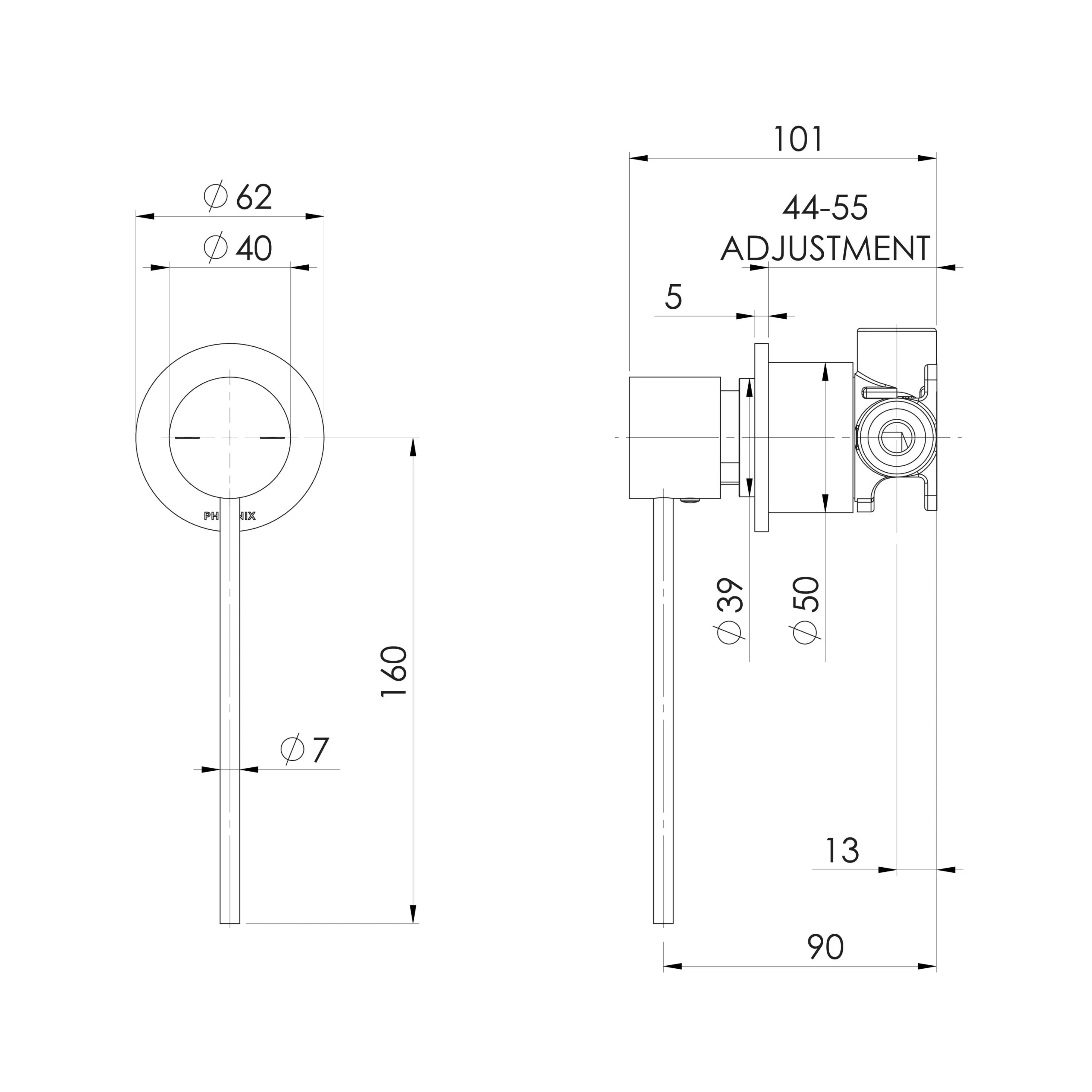 PHOENIX VIVID SLIMLINE SWITCHMIX SHOWER AND WALL MIXER 60MM BACKPLATE AND EXTENDED LEVER CHROME