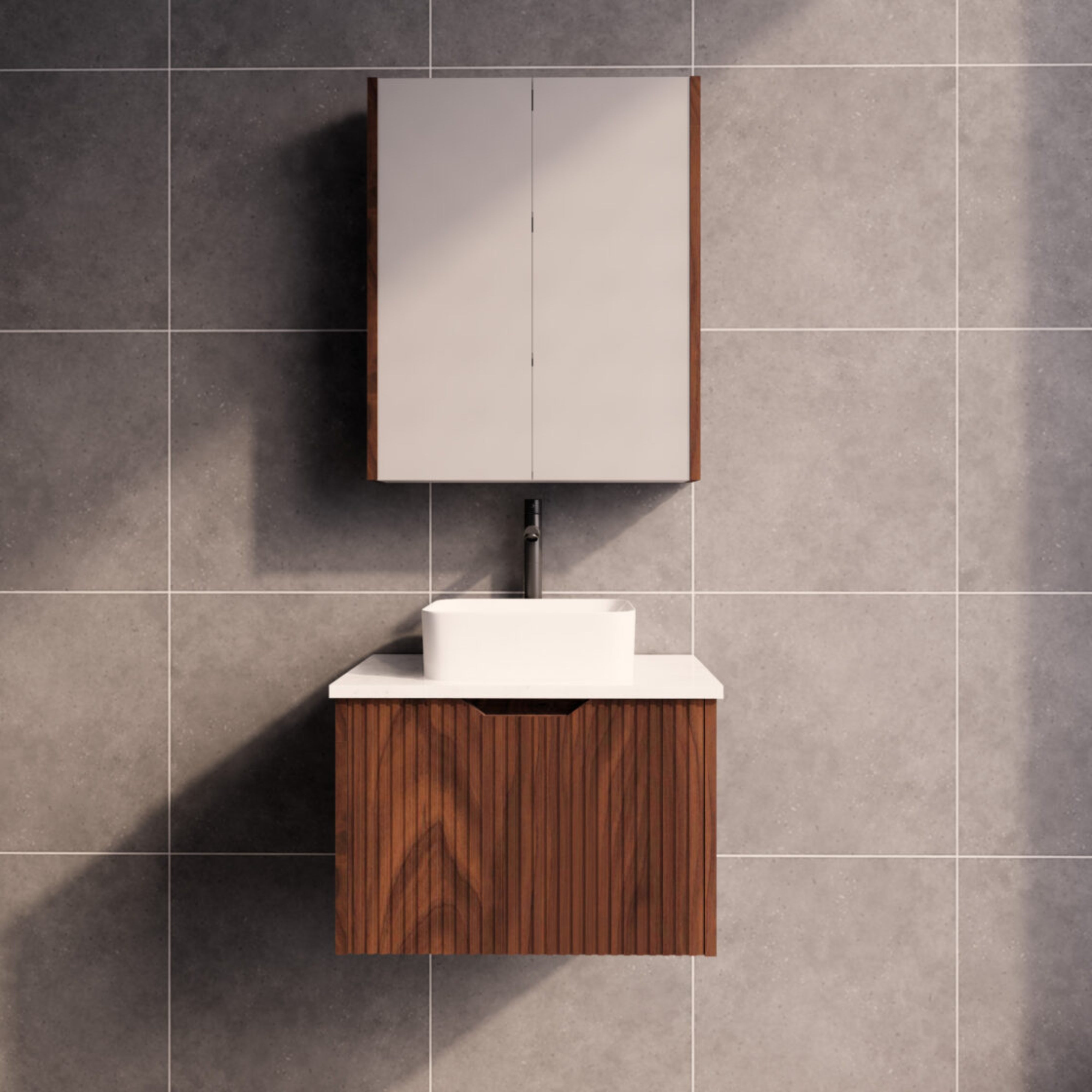 RIVA VIENNA BROWN OAK 600MM SINGLE BOWL WALL HUNG VANITY