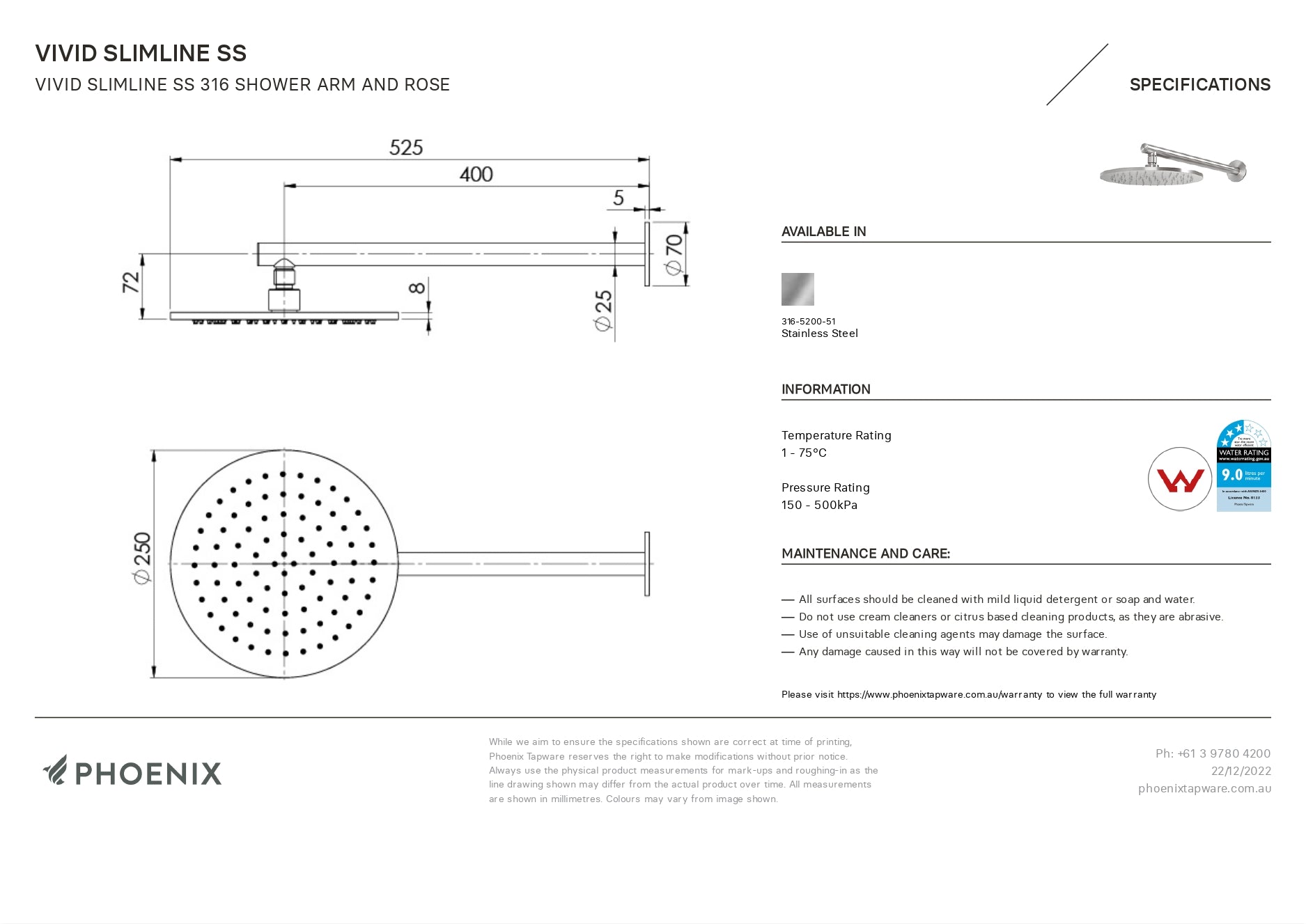 PHOENIX VIVID SLIMLINE SHOWER ARM AND ROSE 250MM STAINLESS STEEL