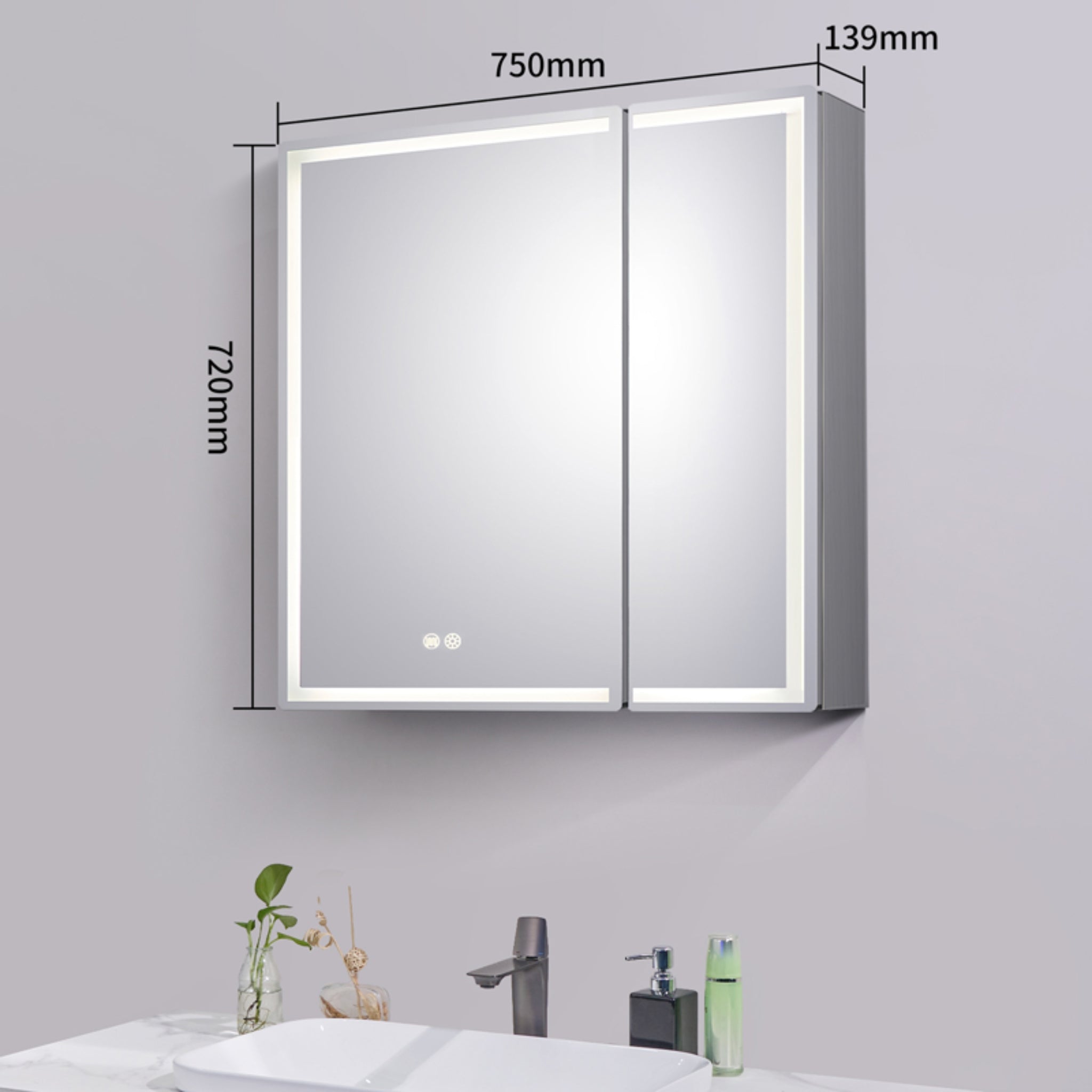 AQUAPERLA SILVER LED SHAVING CABINET DOUBLE-SIDED MIRROR 750MM