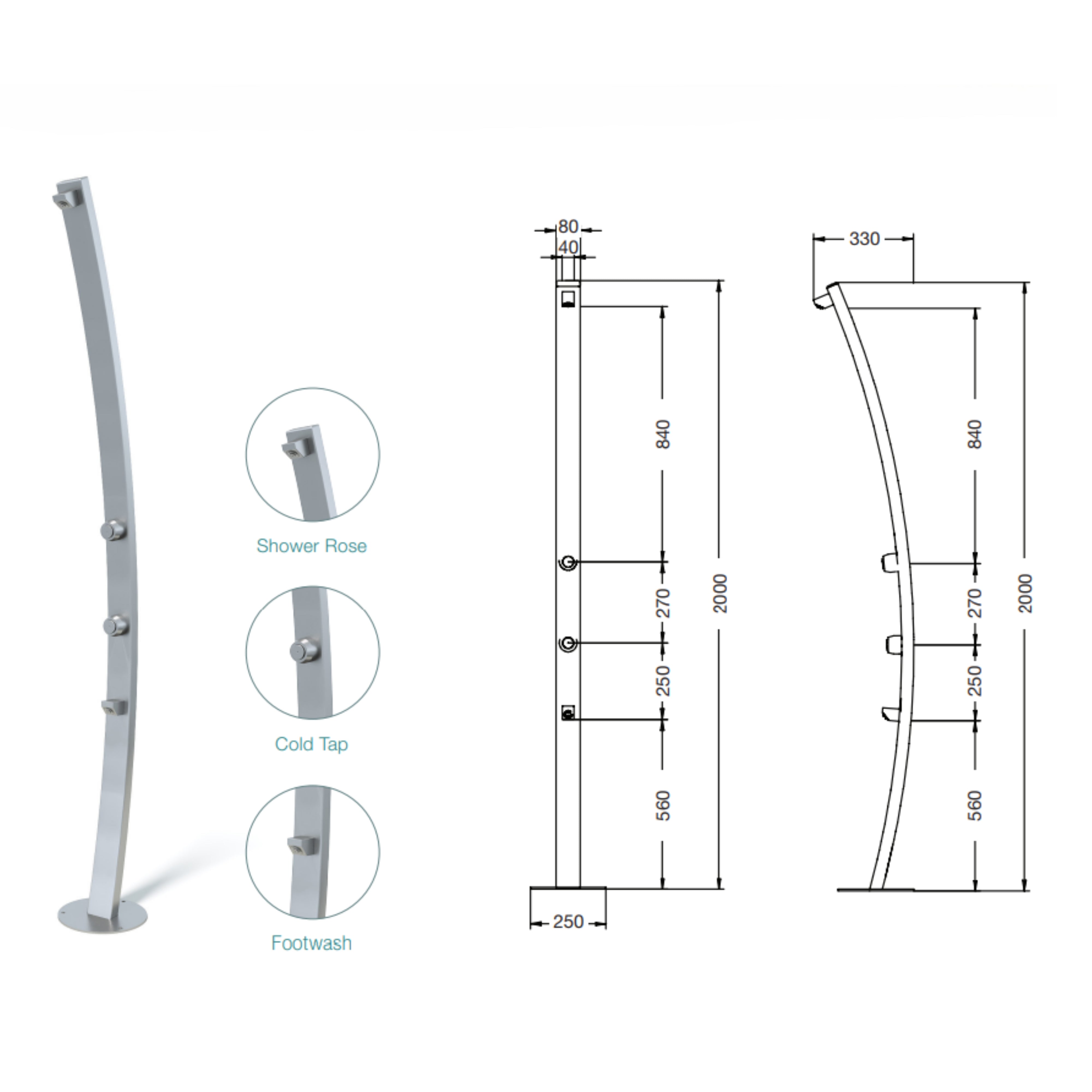 RAINWARE BEACH AQUILINE FREESTANDING OUTDOOR TIME FLOW SINGLE SHOWER AND FOOTWASH STAINLESS STEEL