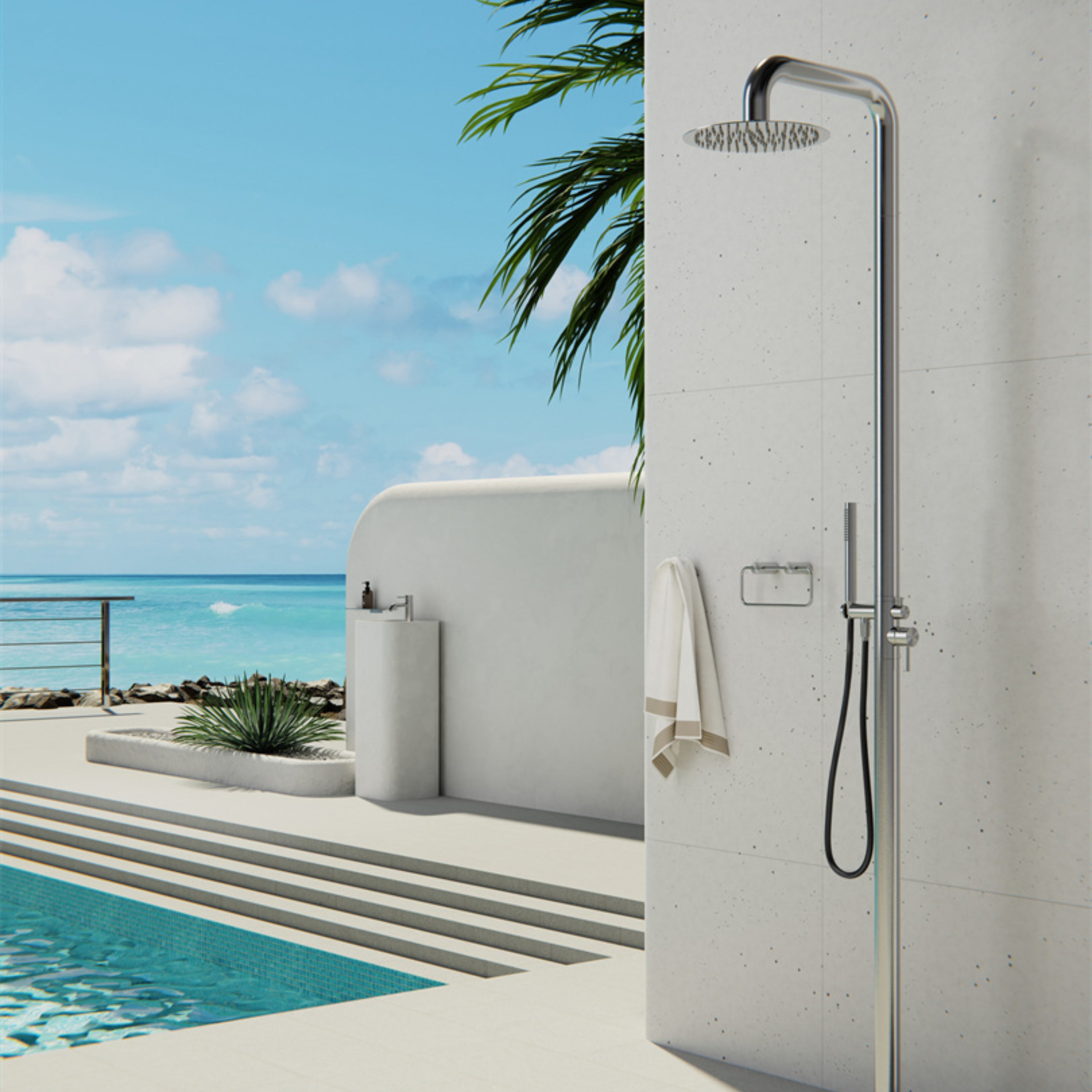 NERO ZEN OUTDOOR FREESTANDING SHOWER COLUMN BRUSHED NICKEL