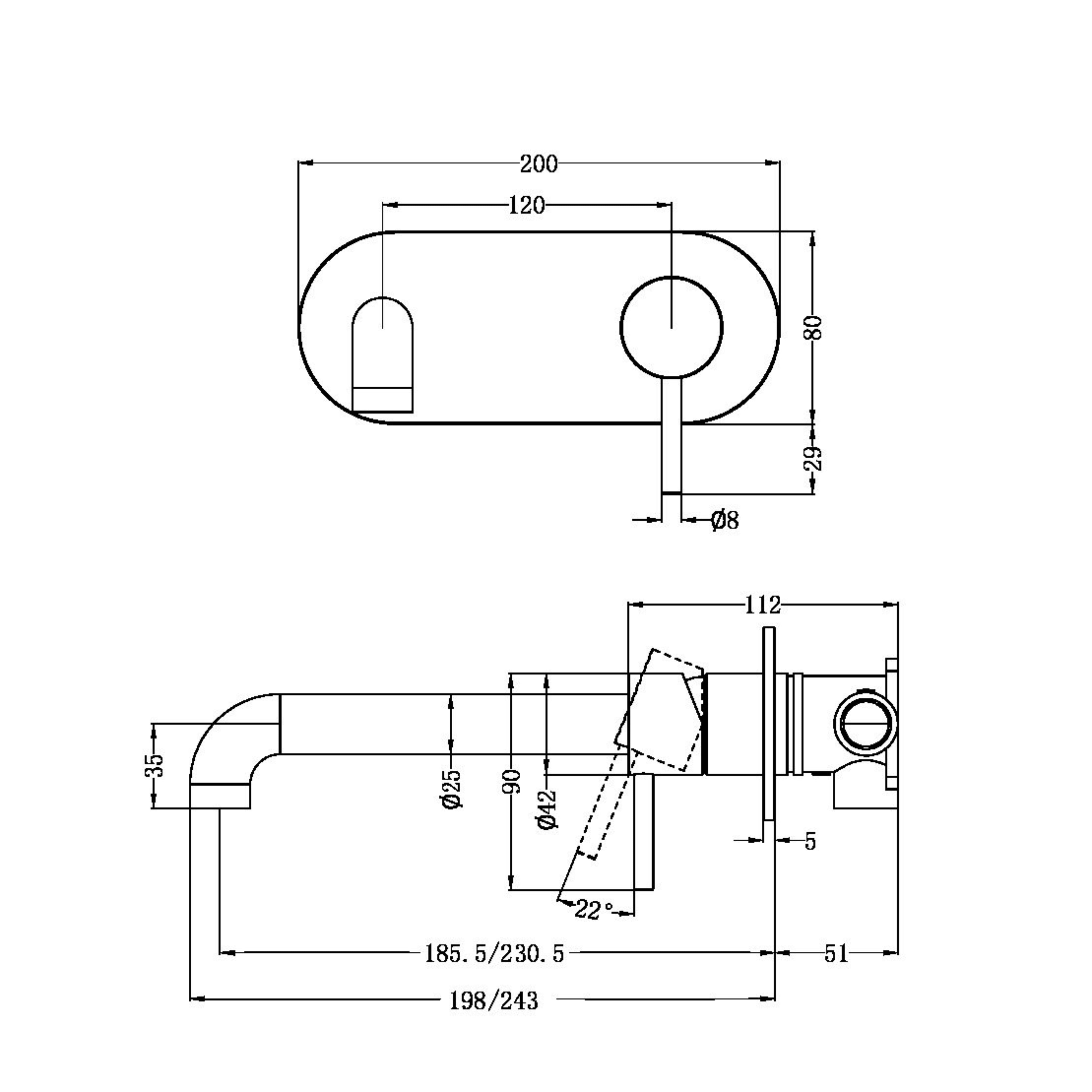 NERO ZEN WALL BASIN / BATH MIXER 230MM BRUSHED GOLD