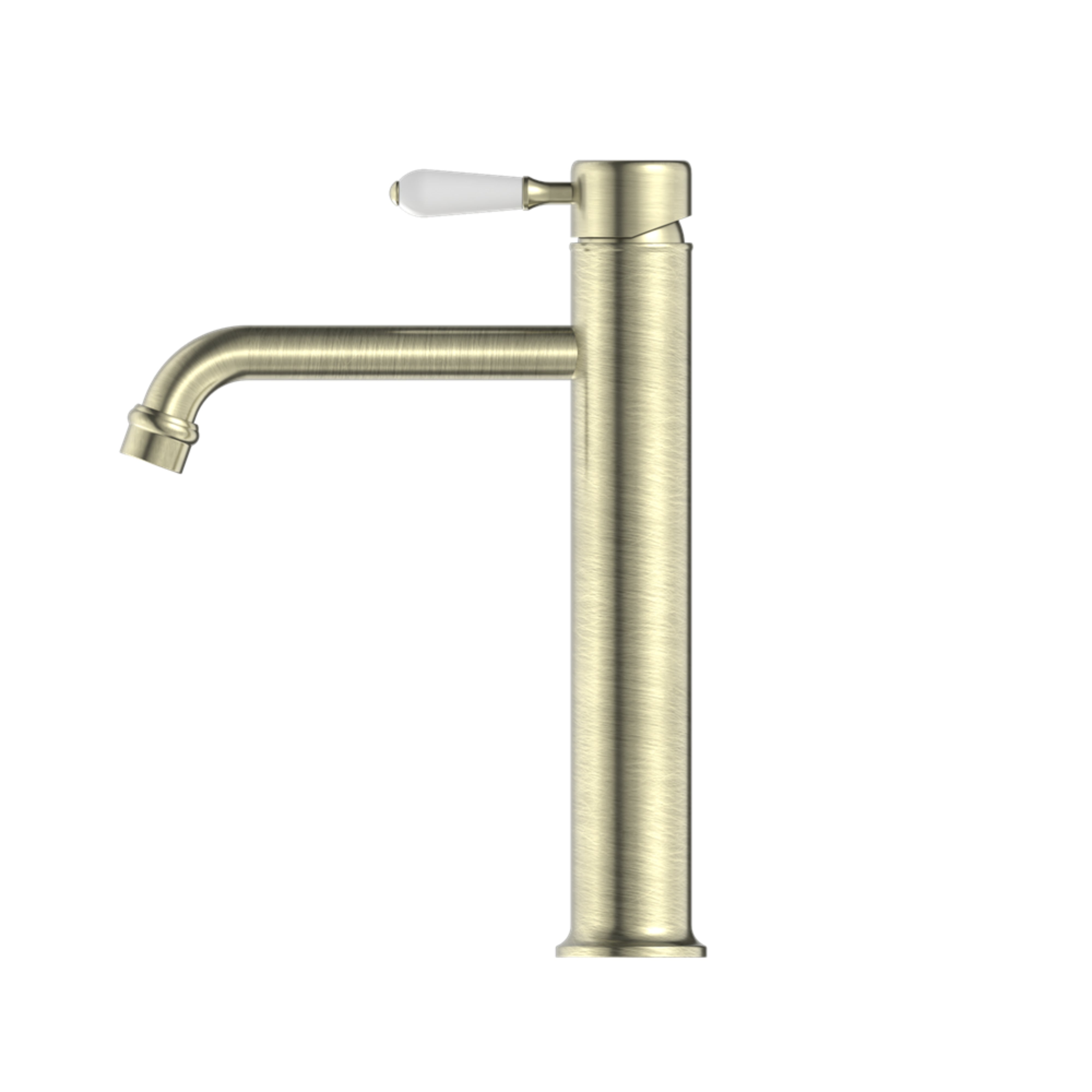 NERO YORK TALL BASIN MIXER WITH WHITE PORCELAIN LEVER 290MM AGED BRASS