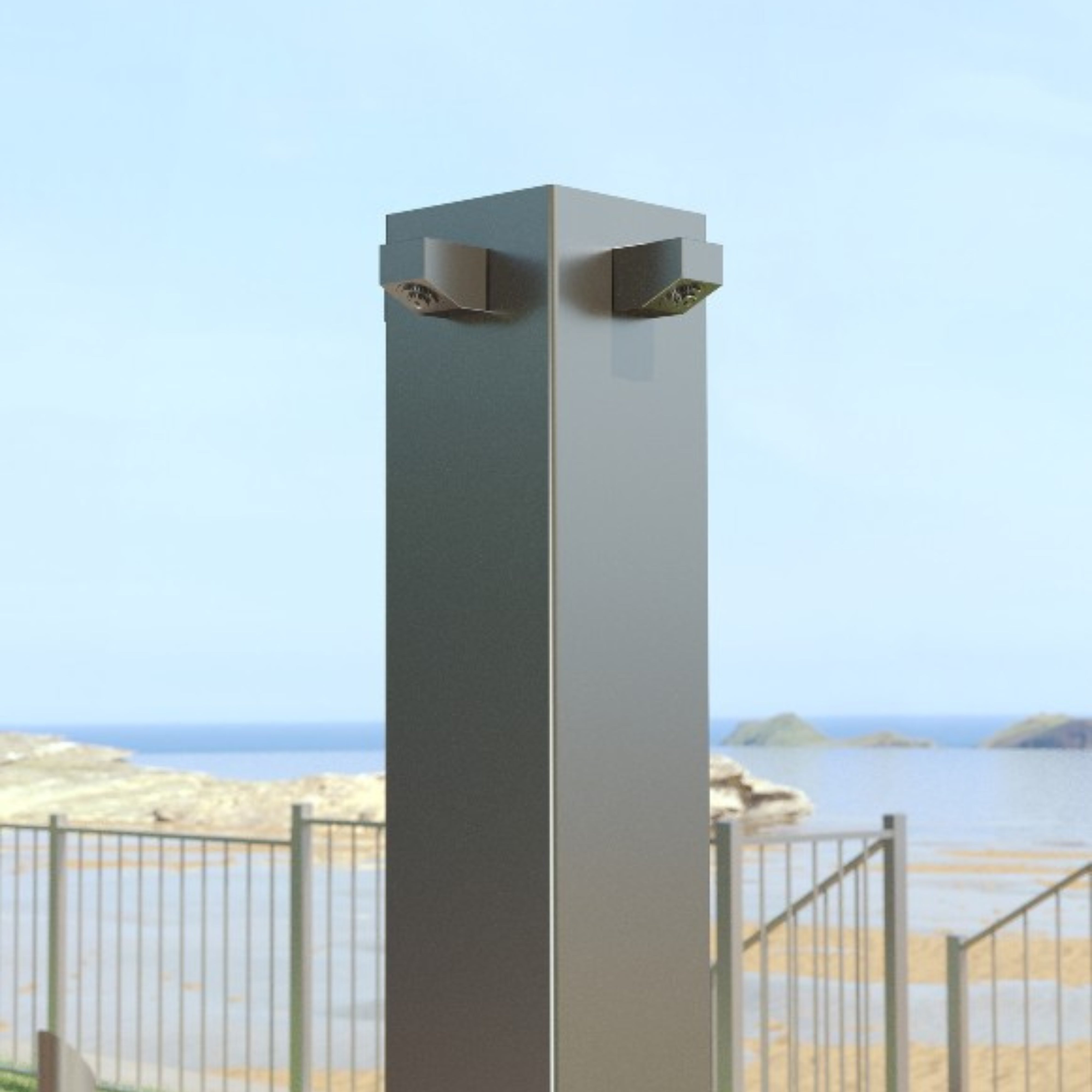 RAINWARE BEACH QUARTET FREESTANDING OUTDOOR TIME FLOW QUAD SHOWER AND DOUBLE FOOTWASH STAINLESS STEEL