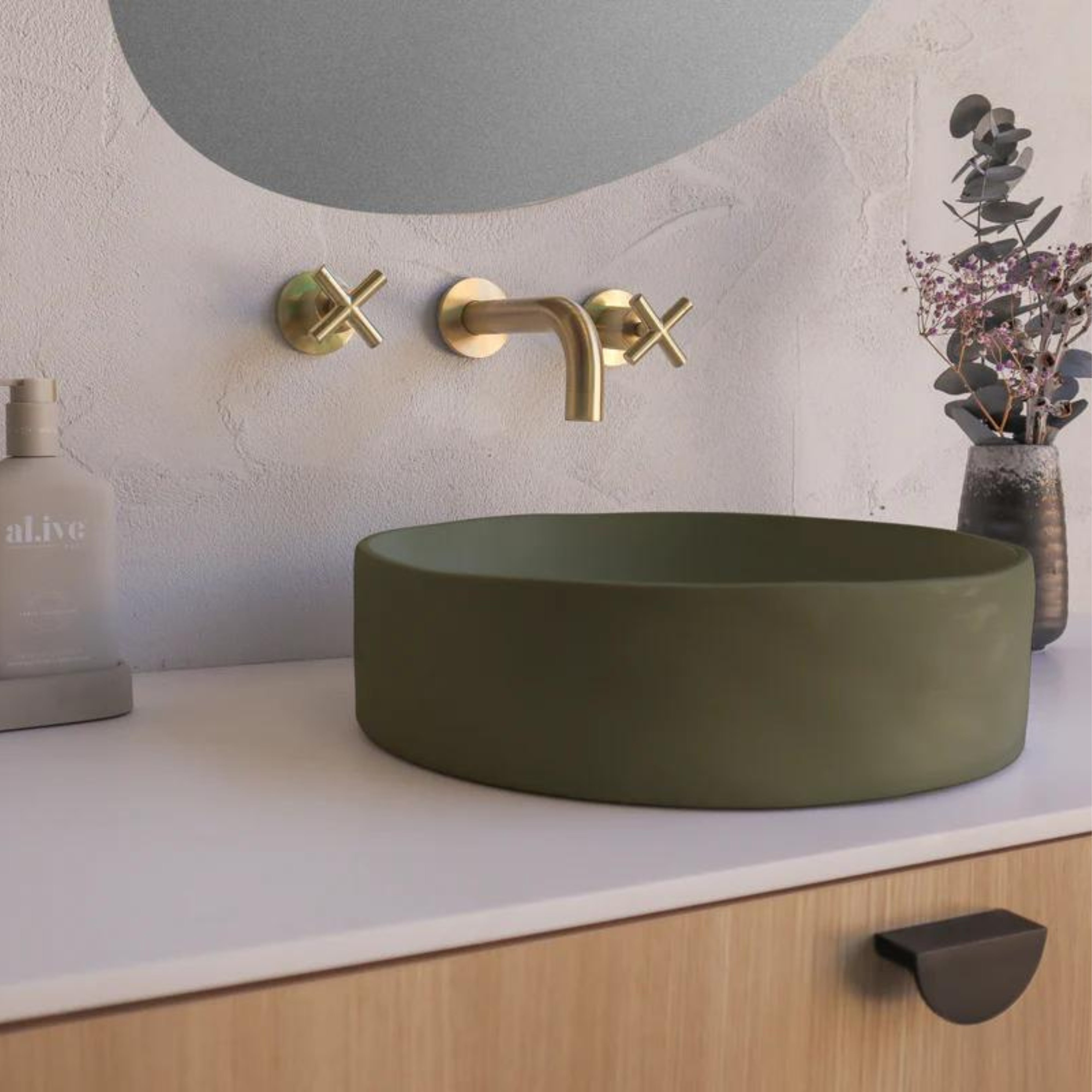 NOOD CO CONSCIOUS RANGE SLIP ABOVE COUNTER / WALL HUNG BASIN OLIVE 380MM