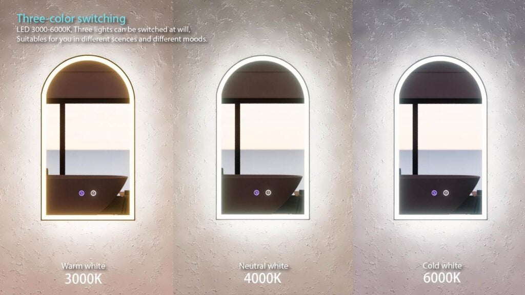 RIVA AR2 FRAMED ARCH LED MIRROR 3 COLOUR LIGHTS BRUSHED NICKEL 450X800MM