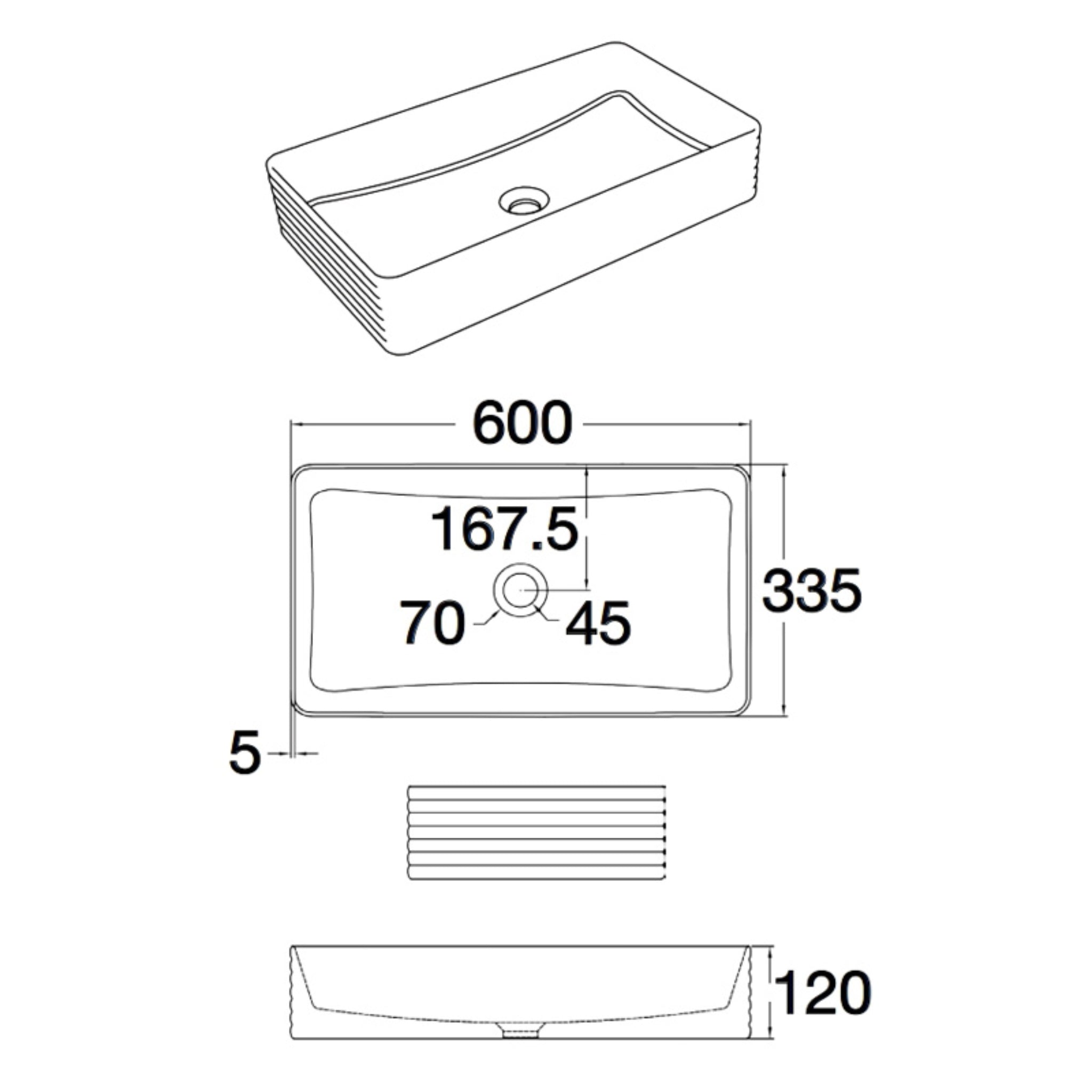 AQUAPERLA FLUTED ABOVE COUNTER BASIN GLOSS WHITE 600MM