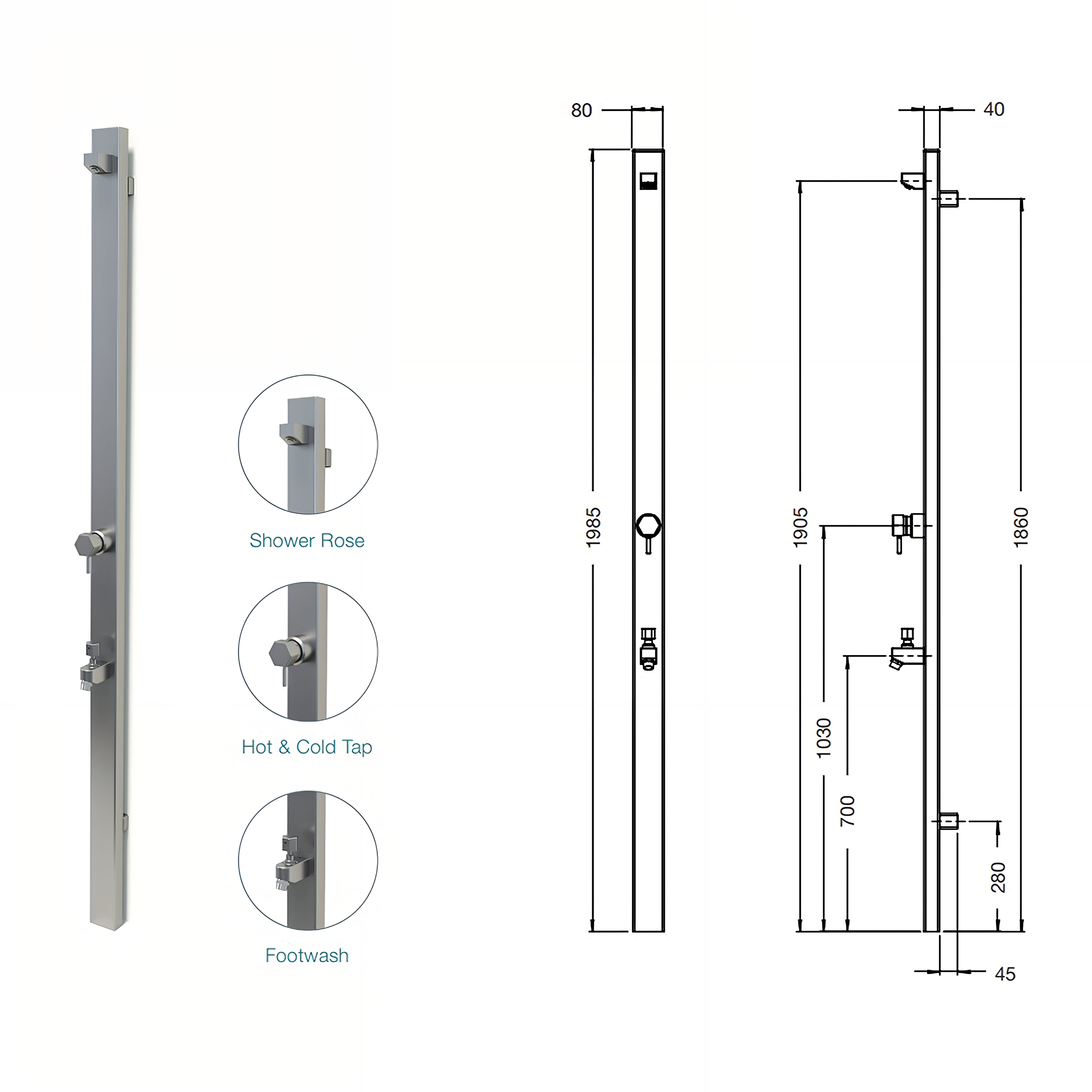 RAINWARE SUNCOAST WALL MOUNTED OUTDOOR HOT AND COLD SHOWER AND COLD FOOTWASH STAINLESS STEEL