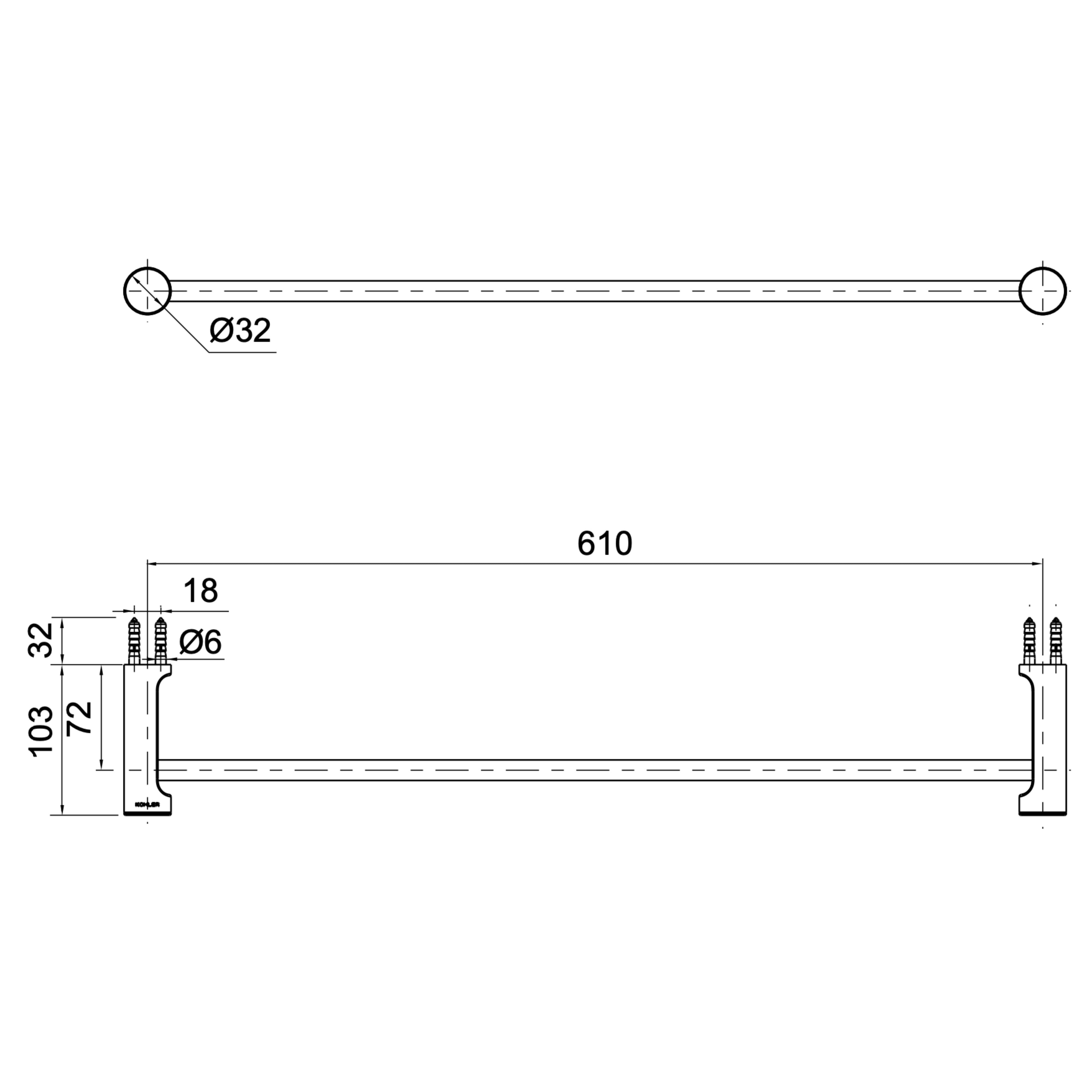 KOHLER JULY NON-HEATED SINGLE TOWEL RAIL MATTE BLACK 610MM